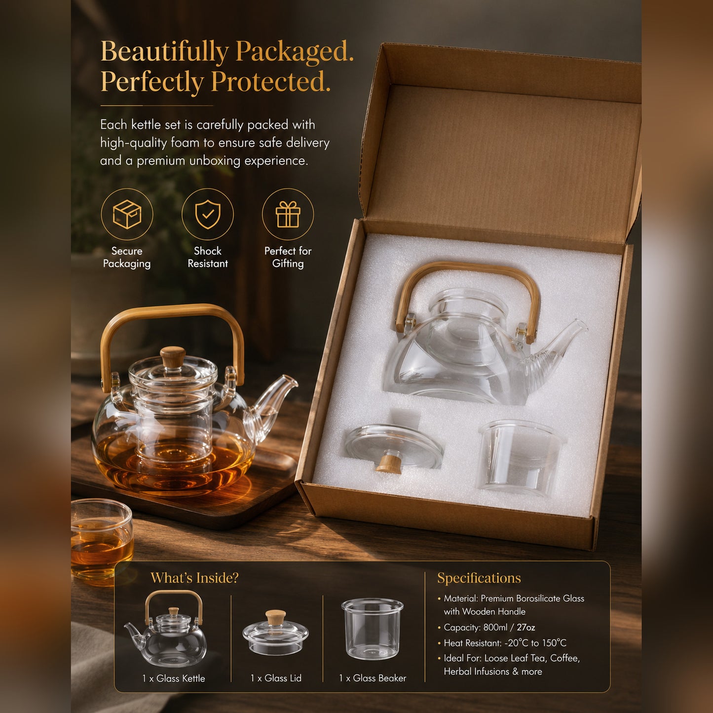 Borosilicate Glass Teapot with Bamboo Handle & Removable Glass Infuser — Stovetop-Safe Tea Kettle for Loose Leaf Tea, 800ml