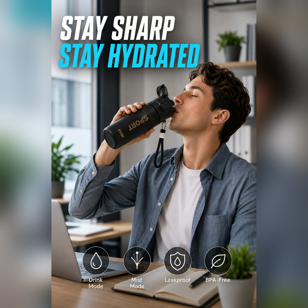 EYUN Sport 2-in-1 Water Bottle 750ml — BPA-Free Tritan Bottle with Push-Button Mist Spray & Wide Drinking Spout, Leakproof with Carry Strap