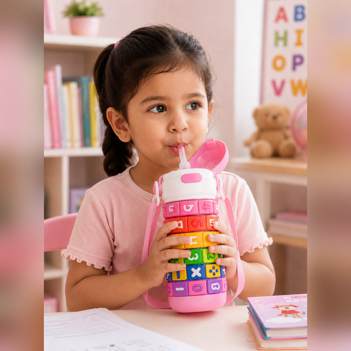 Papita Number Blocks Kids Steel Bottle — 430ml, Pink