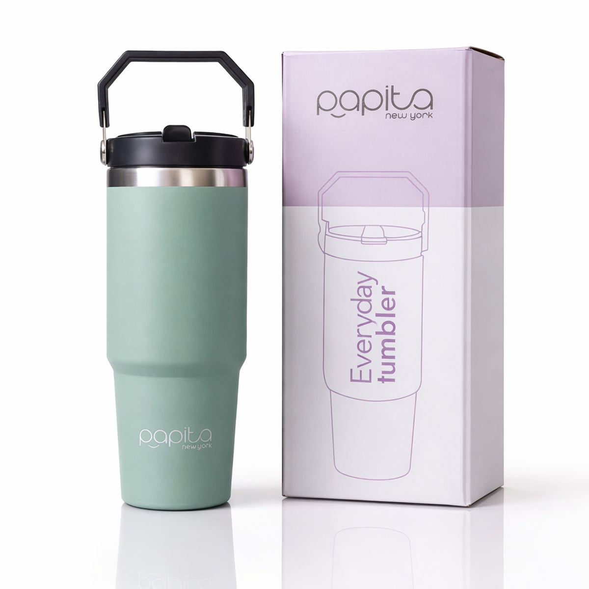 Papita Everyday Tumbler 900ml — 304 Stainless Steel Insulated Travel Mug with Flip Sipper Lid & Carabiner Handle (Sage Green)