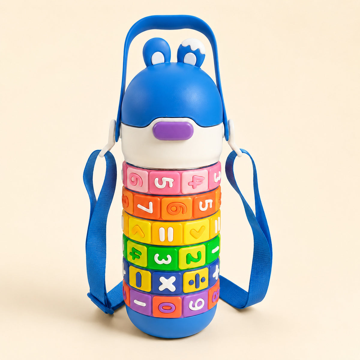 Kids Number Puzzle Water Bottle — Twist-and-Learn Maths Blocks with Flip Straw Lid & Adjustable Shoulder Strap