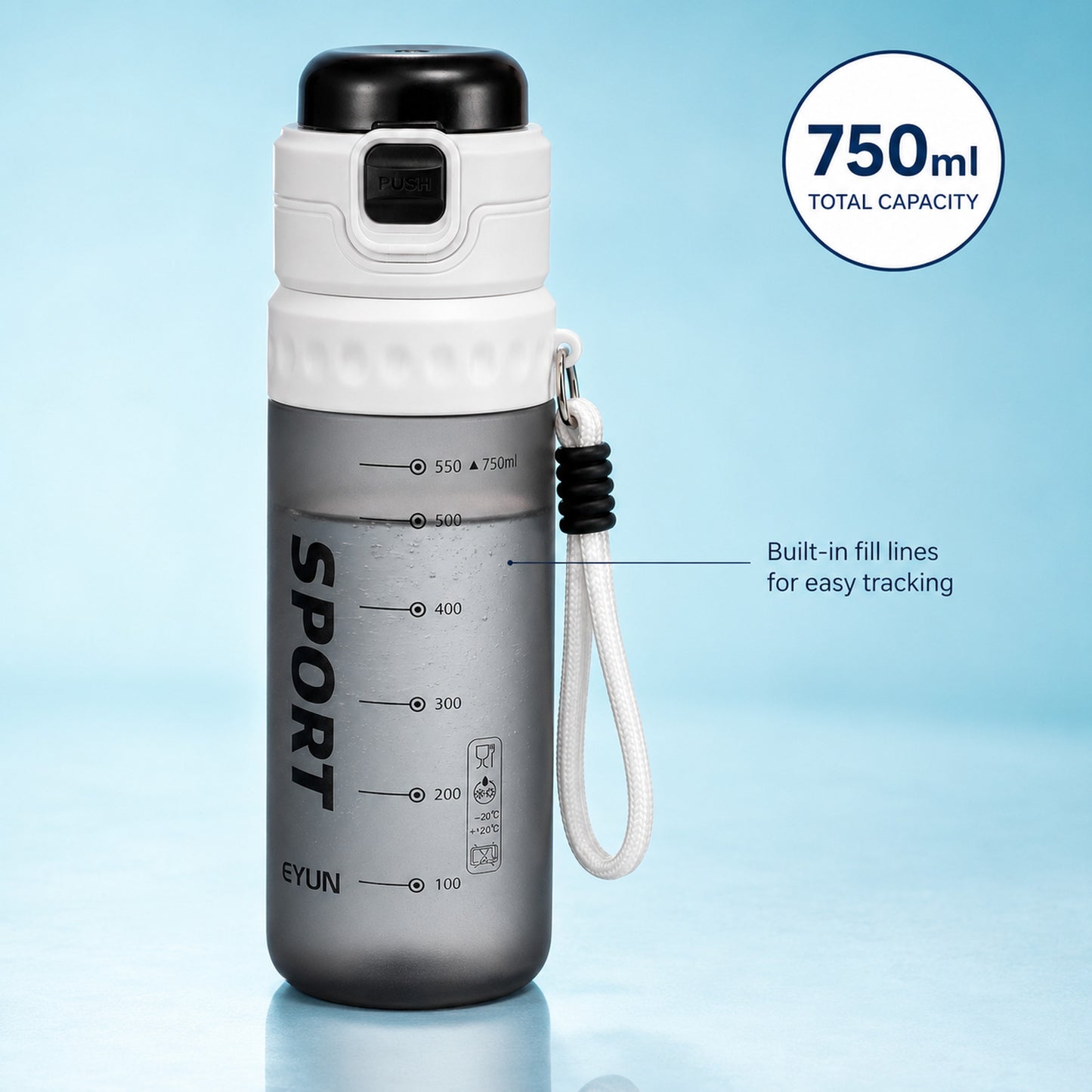 EYUN Sport 2-in-1 Water Bottle 750ml — BPA-Free Tritan Bottle with Push-Button Mist Spray, Fill Lines & Wide Drinking Spout (Smoke Grey)