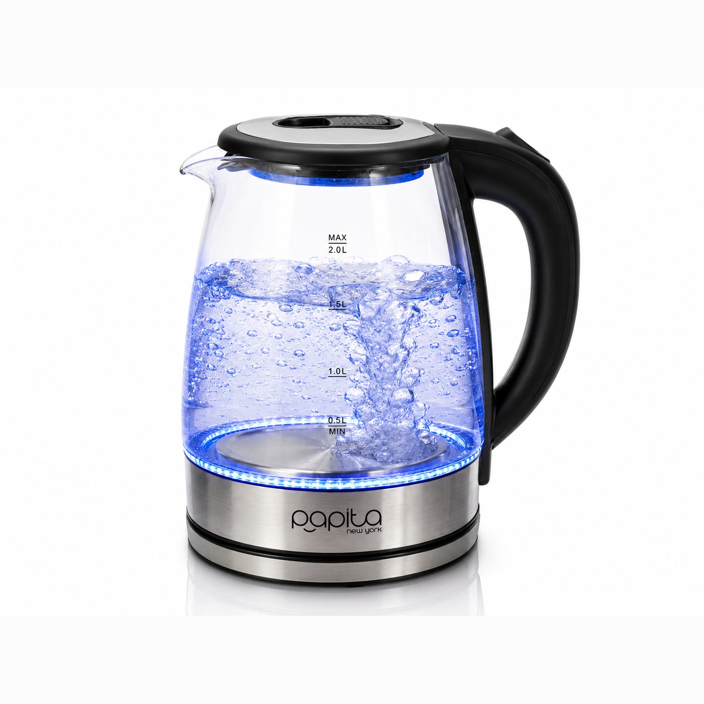 Papita Glass Electric Kettle 2 Litre — 1500W Borosilicate Kettle with Blue LED, Auto Shut-Off & 360° Cordless Base