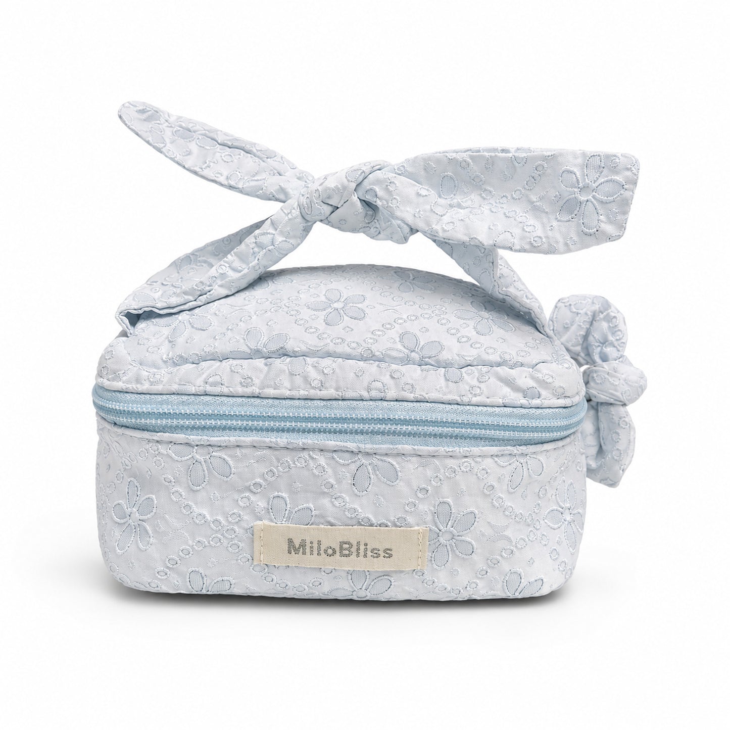 MiloBliss Floral Embroidered Makeup Pouch — Quilted Cotton Travel Cosmetic Bag with Bow Handle, Wide-Open Zip