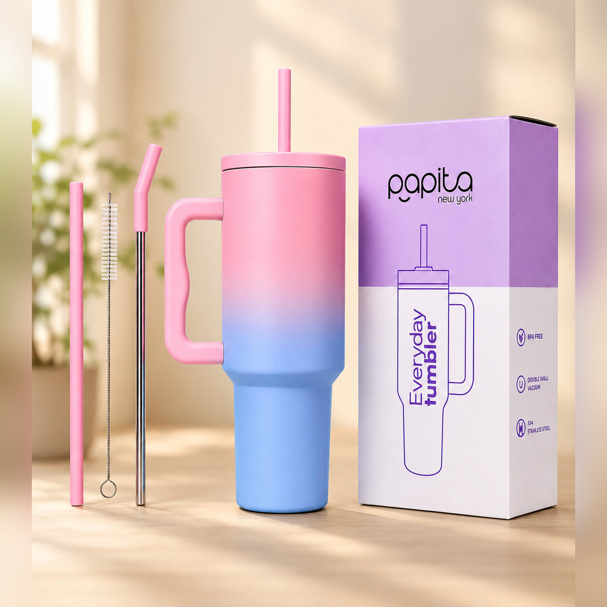 Papita New York Everyday Tumbler — 304 Stainless Steel Insulated Travel Mug with Handle, Lid & 2 Straws, 1.2L