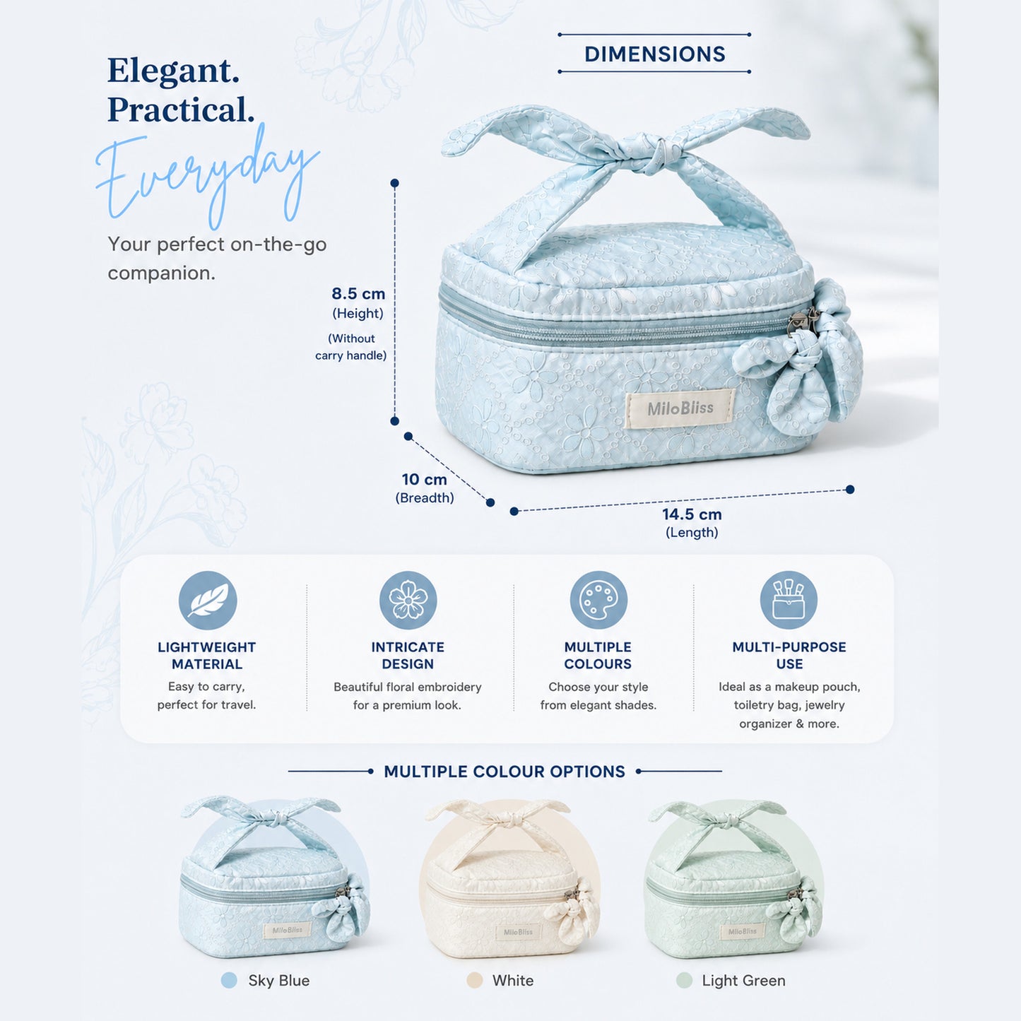 MiloBliss Floral Embroidered Makeup Pouch — Quilted Cotton Travel Cosmetic Bag with Bow Handle, Wide-Open Zip