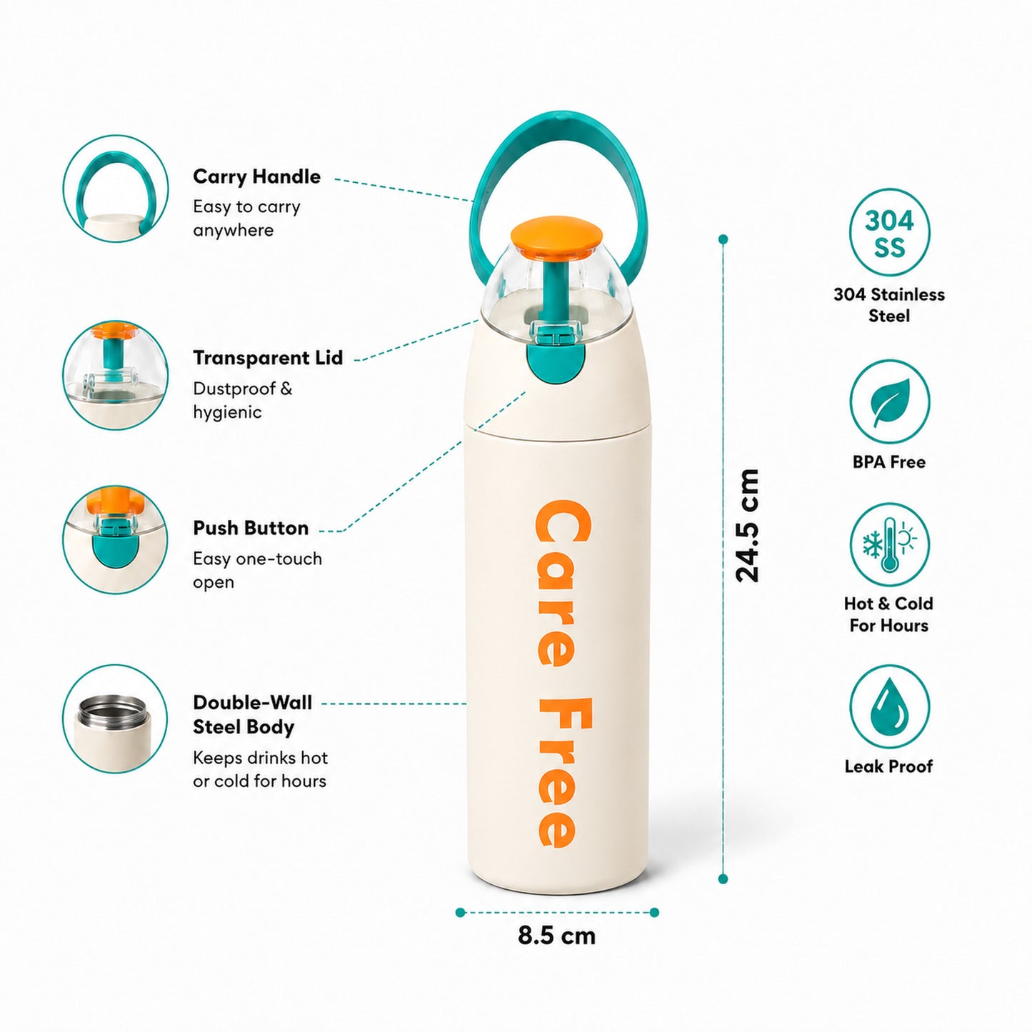 Care Free Insulated Water Bottle — 304 Stainless Steel Sipper with Straw & Carry Handle, 750ml (Ivory Cream)
