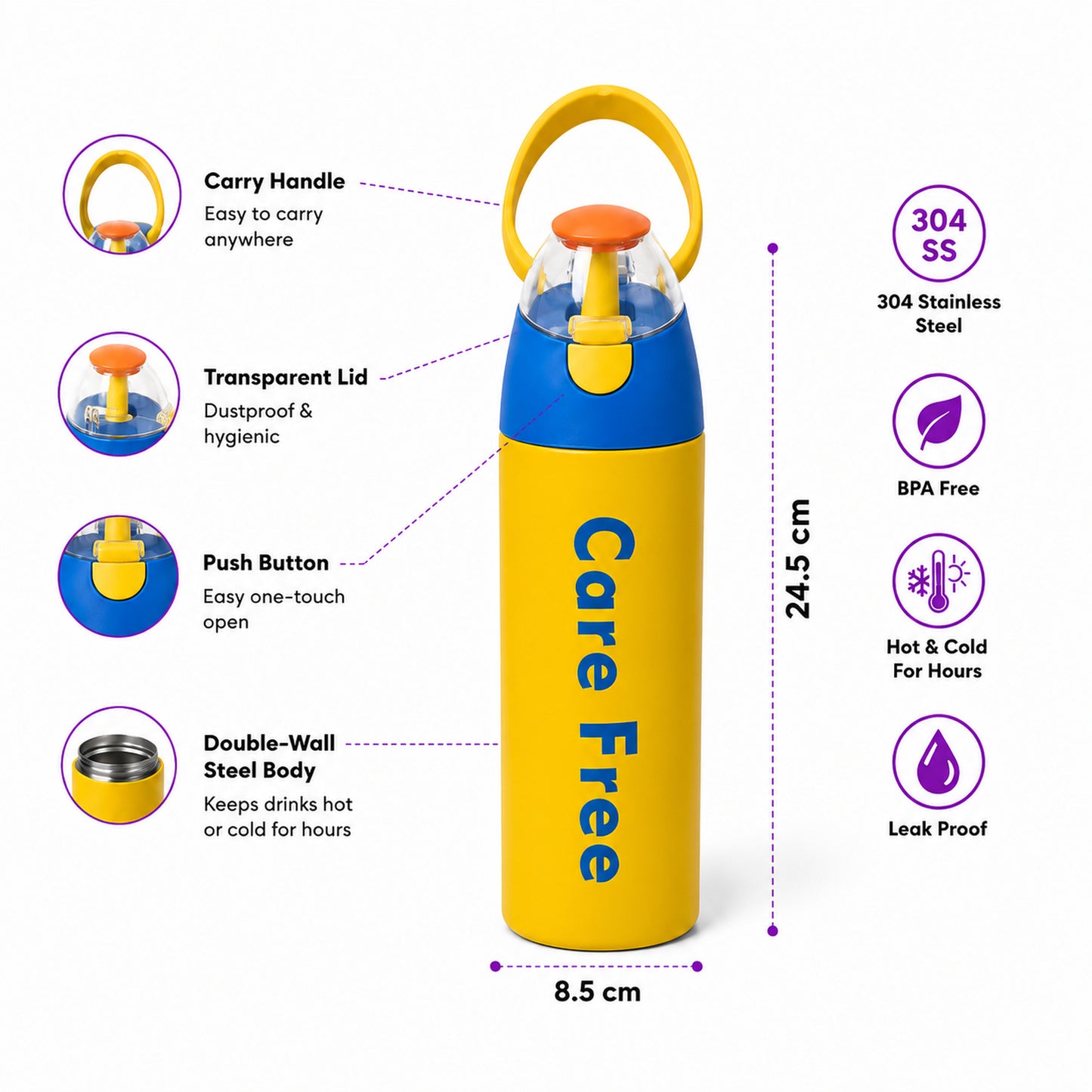 Care Free Kids Insulated Water Bottle — 304 Stainless Steel Sipper with Straw & Carry Handle, 750ml (Sunshine Yellow)
