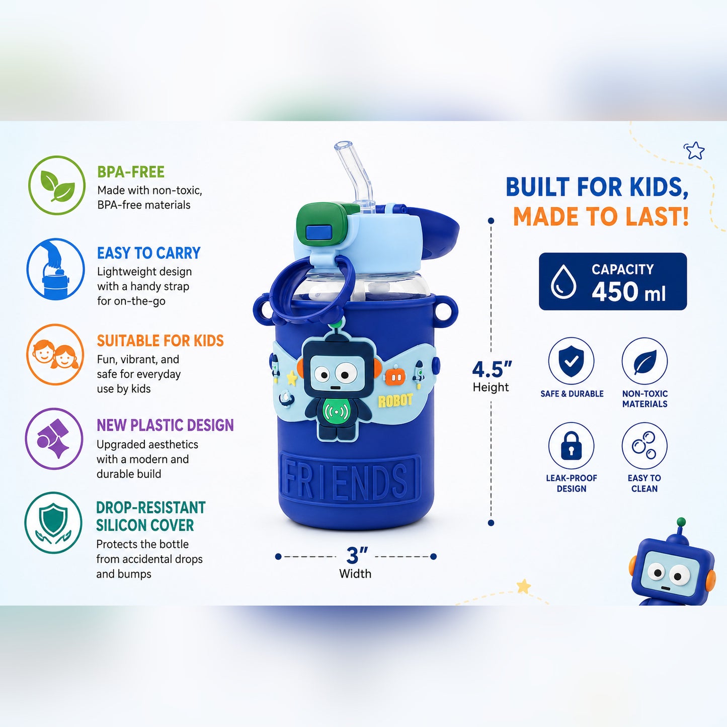 Papita Robot Friends Kids Water Bottle — 450ml