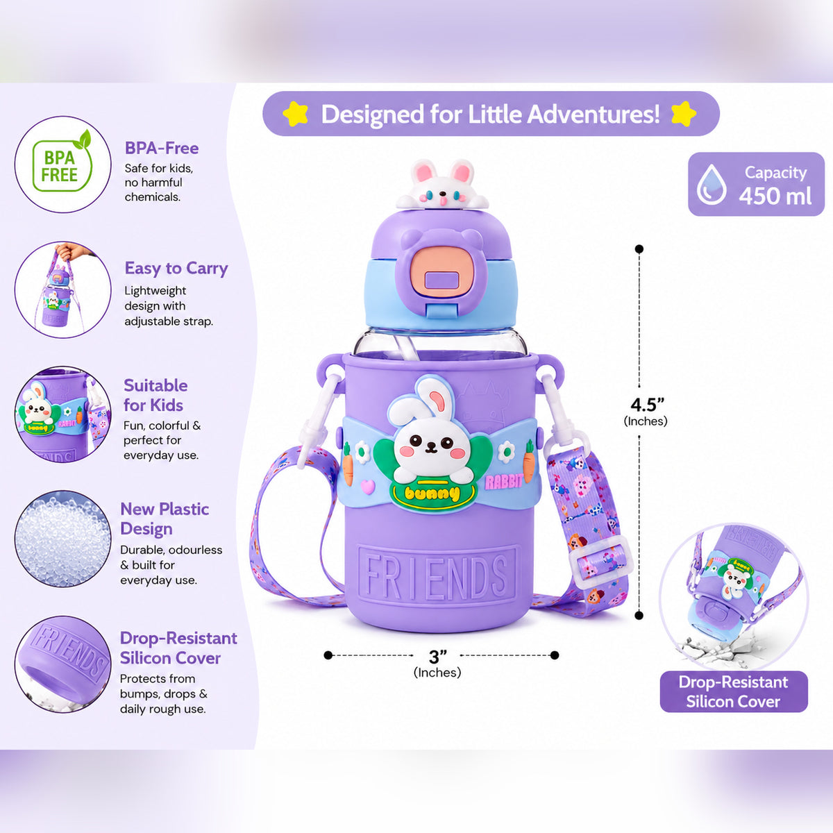 Papita Bunny Friends Kids Water Bottle — 450ml