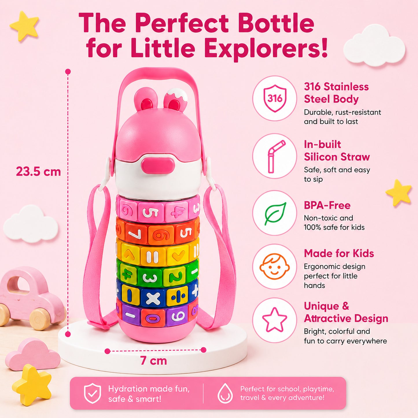 Papita Number Blocks Kids Steel Bottle — 430ml, Pink