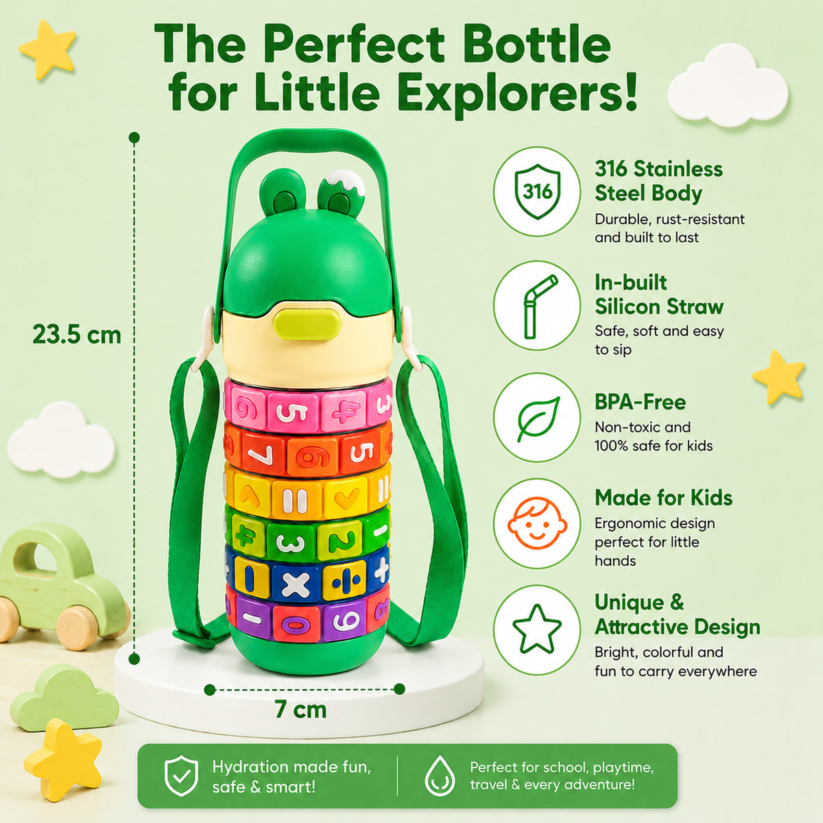 Papita Number Blocks Kids Steel Bottle — 430ml, Green