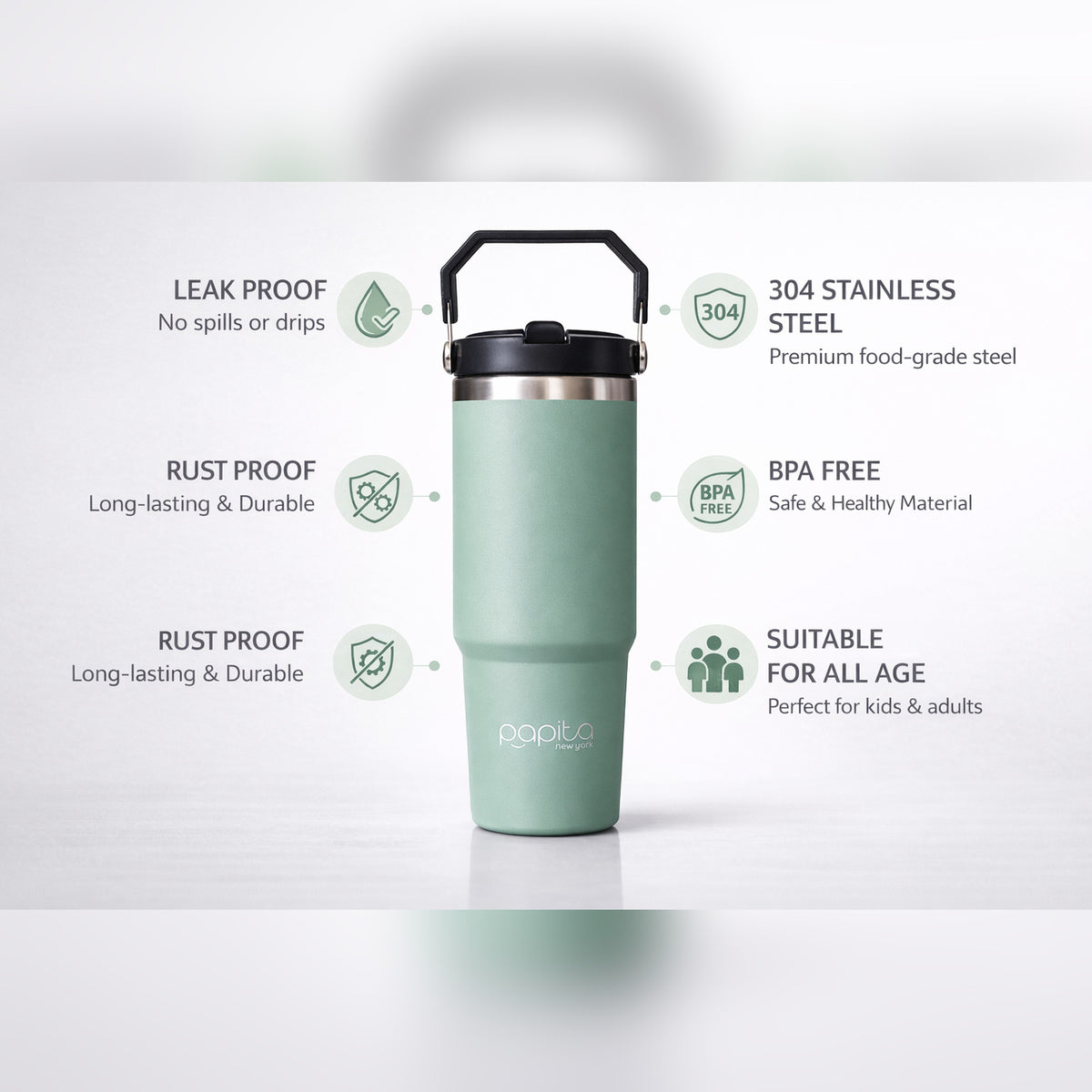 Papita Everyday Tumbler 900ml — 304 Stainless Steel Insulated Travel Mug with Flip Sipper Lid & Carabiner Handle (Sage Green)