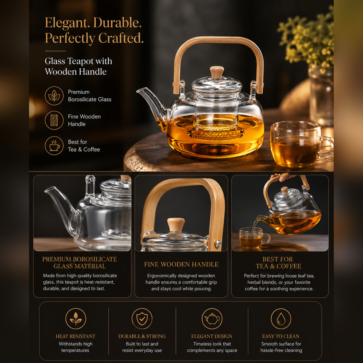 Borosilicate Glass Teapot with Bamboo Handle & Removable Glass Infuser — Stovetop-Safe Tea Kettle for Loose Leaf Tea, 800ml