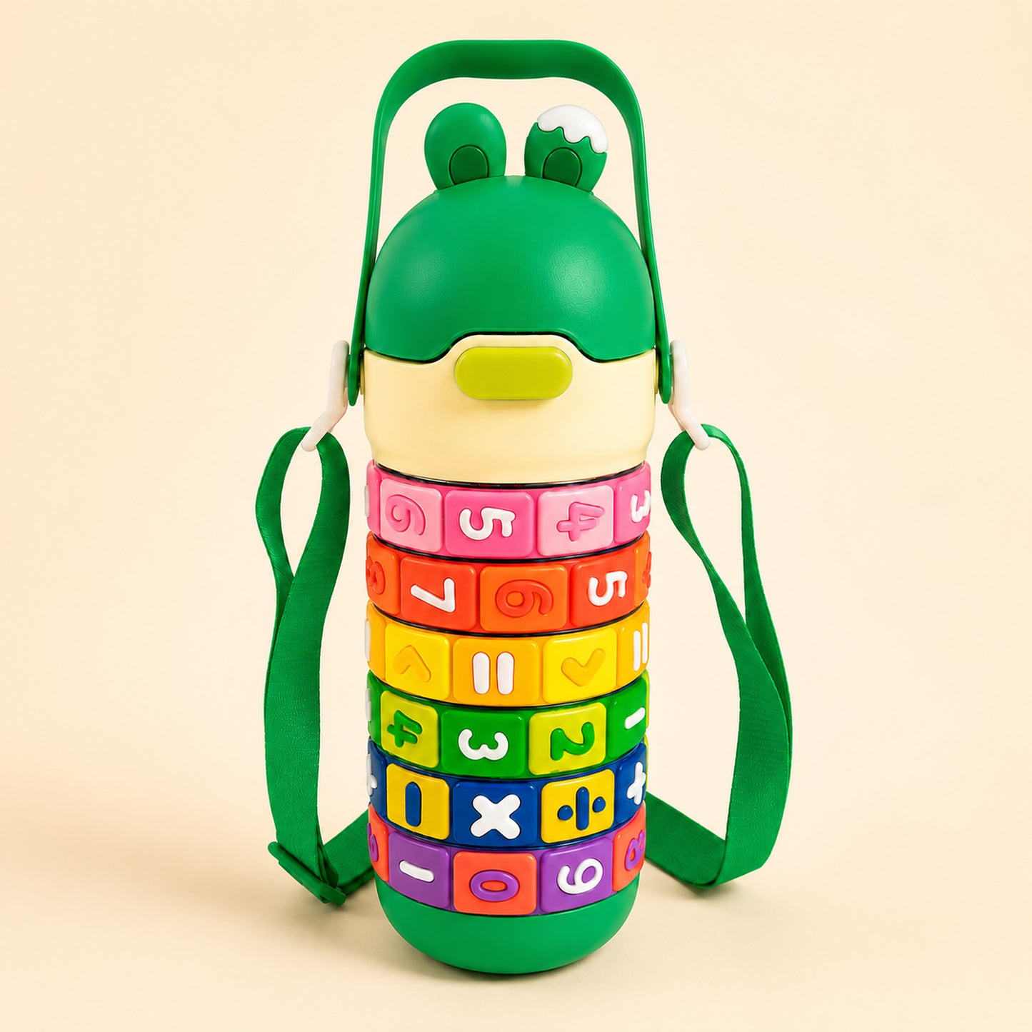 Kids Number Puzzle Water Bottle — Twist-and-Learn Maths Blocks with Flip Straw Lid & Adjustable Shoulder Strap