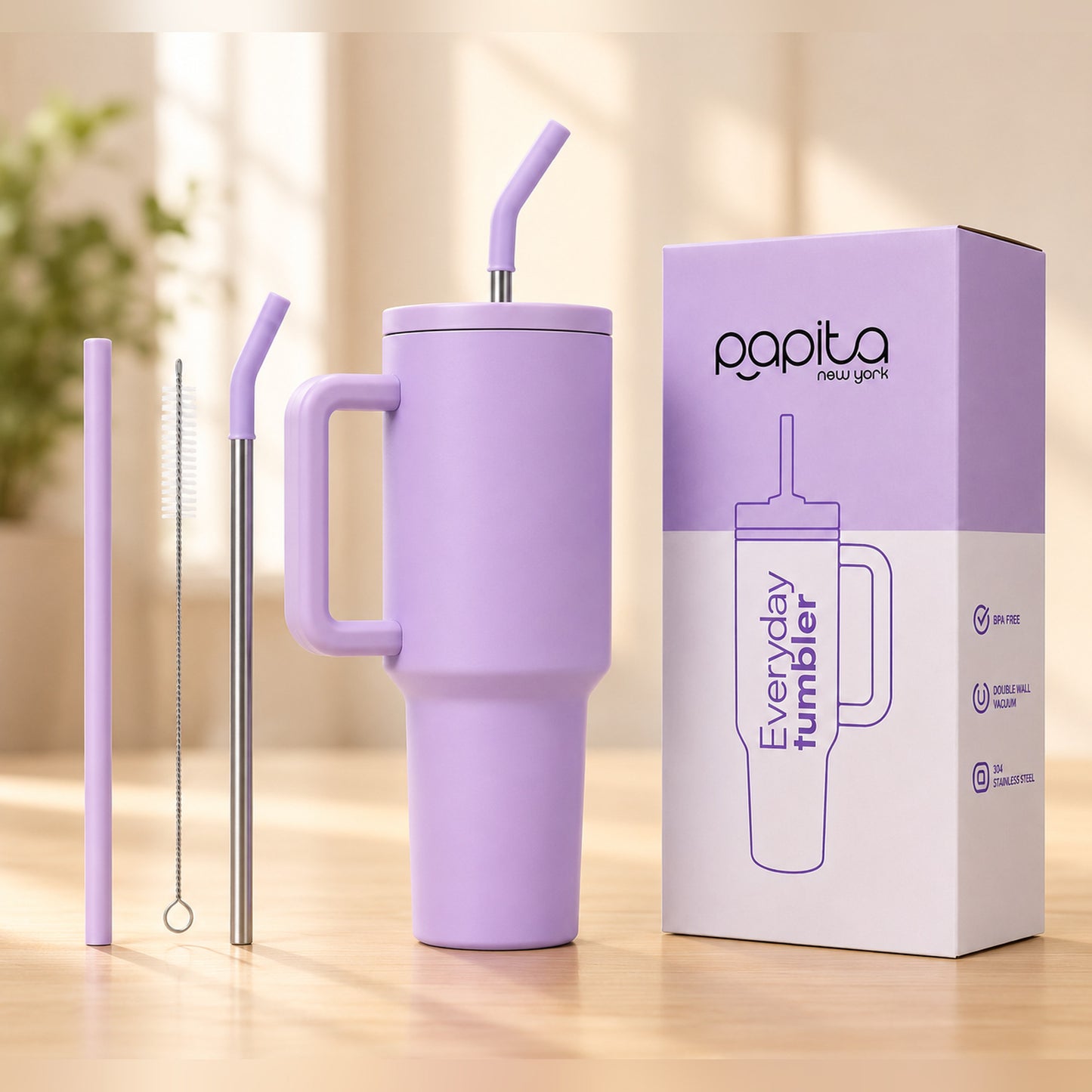 Papita New York Everyday Tumbler — 304 Stainless Steel Insulated Travel Mug with Handle, Lid & 2 Straws, 1.2L