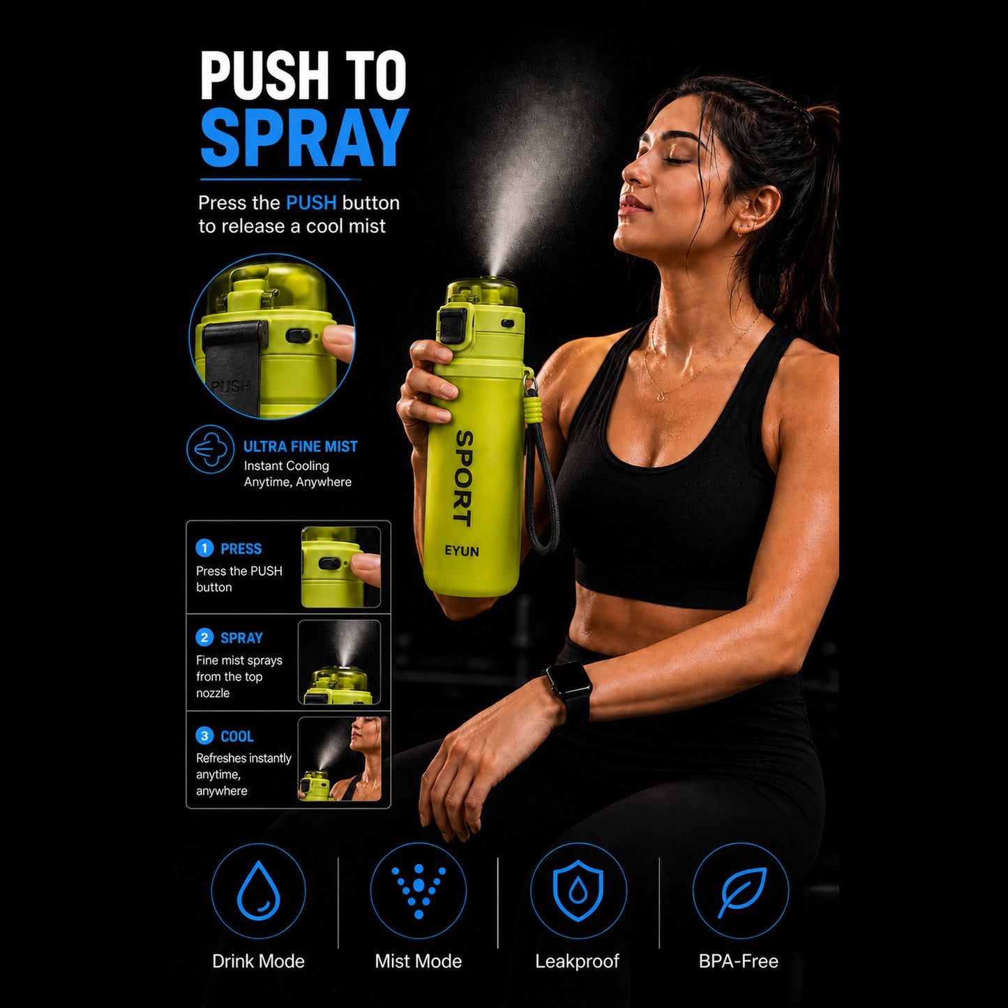 EYUN Sport 2-in-1 Water Bottle 750ml — BPA-Free Tritan Bottle with Push-Button Mist Spray & Wide Drinking Spout, Leakproof with Carry Strap