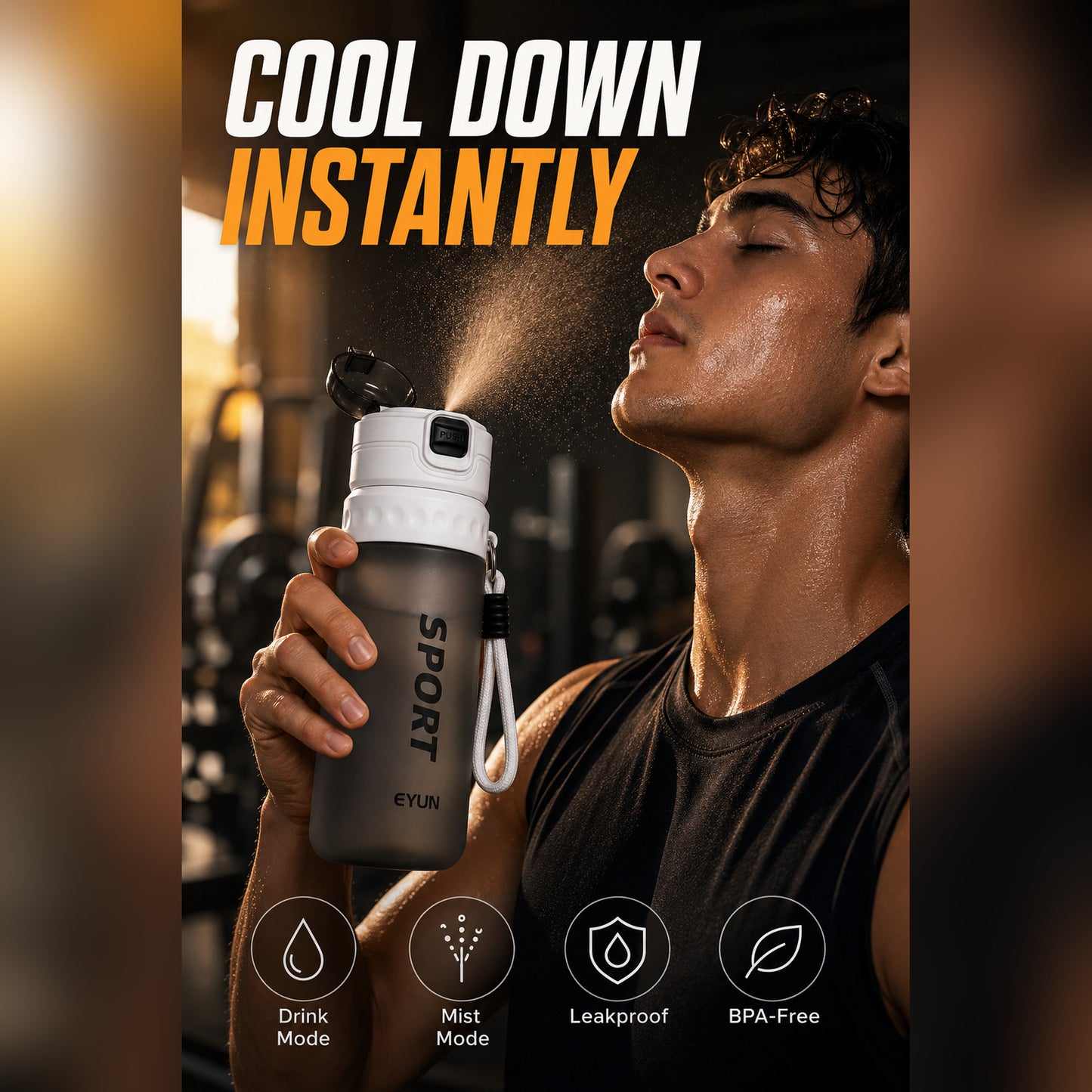 EYUN Sport 2-in-1 Water Bottle 750ml — BPA-Free Tritan Bottle with Push-Button Mist Spray, Fill Lines & Wide Drinking Spout (Smoke Grey)