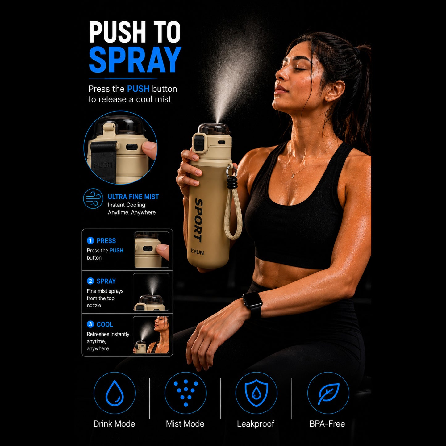EYUN Sport 2-in-1 Water Bottle 750ml — BPA-Free Tritan Bottle with Push-Button Mist Spray & Wide Drinking Spout, Leakproof with Carry Strap (Khaki)