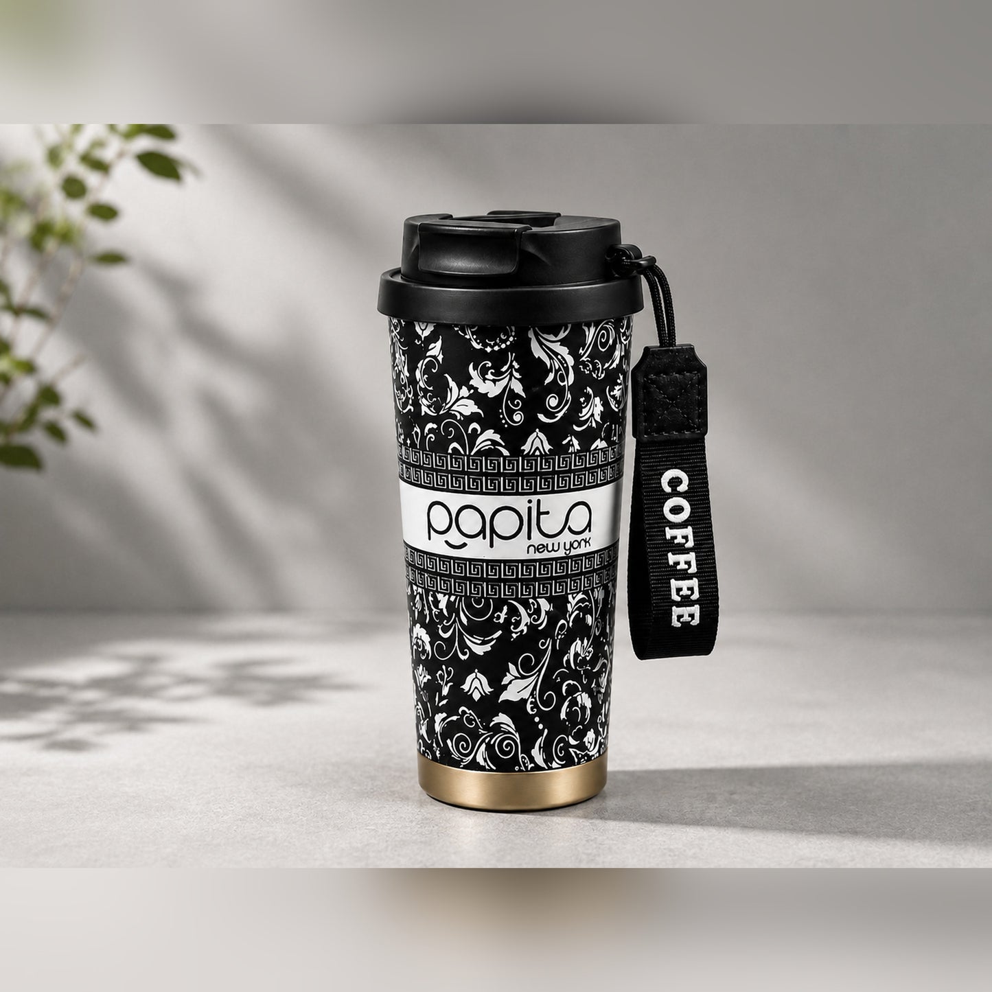 Papita Noir Damask Steel Travel Mug