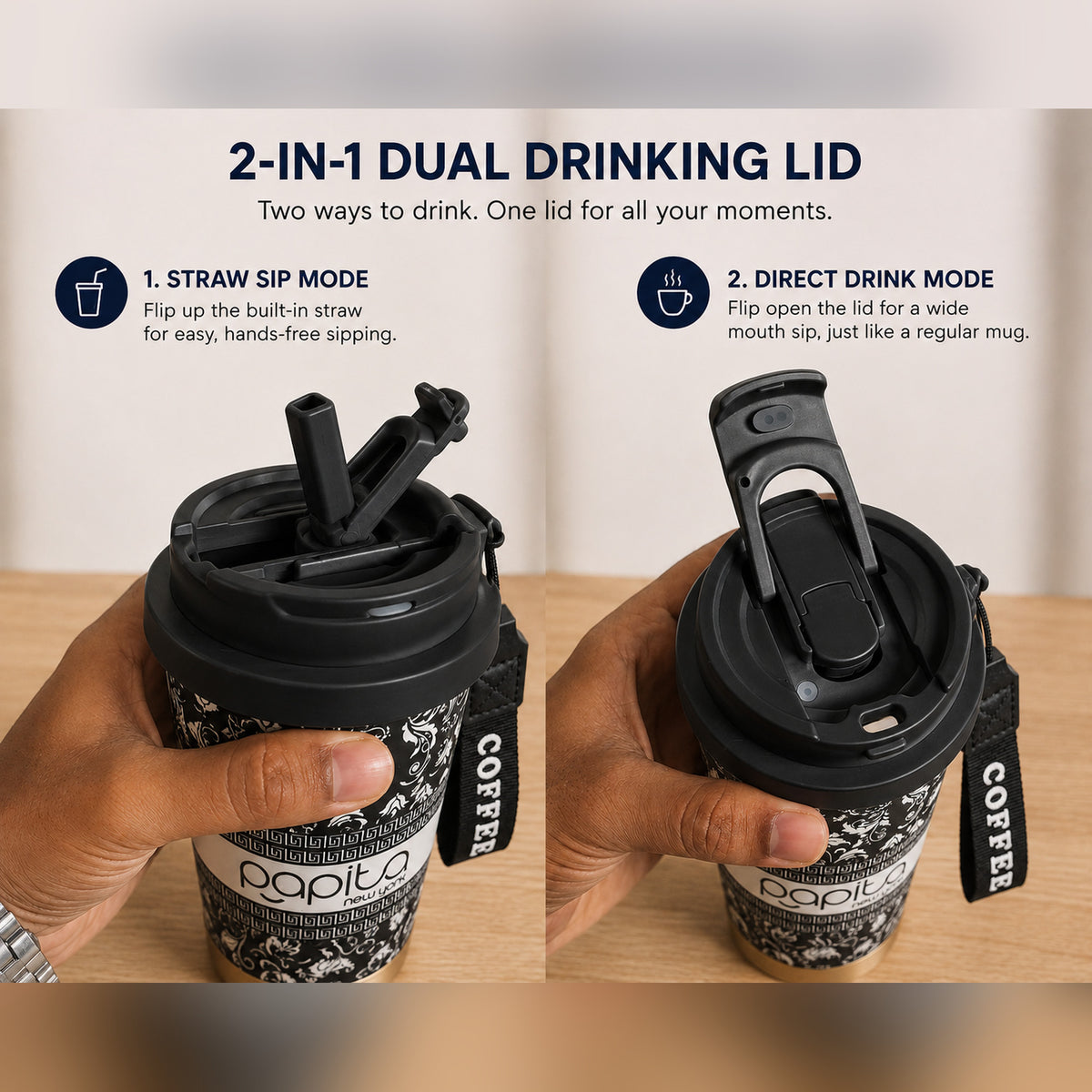 Papita Noir Damask Steel Travel Mug
