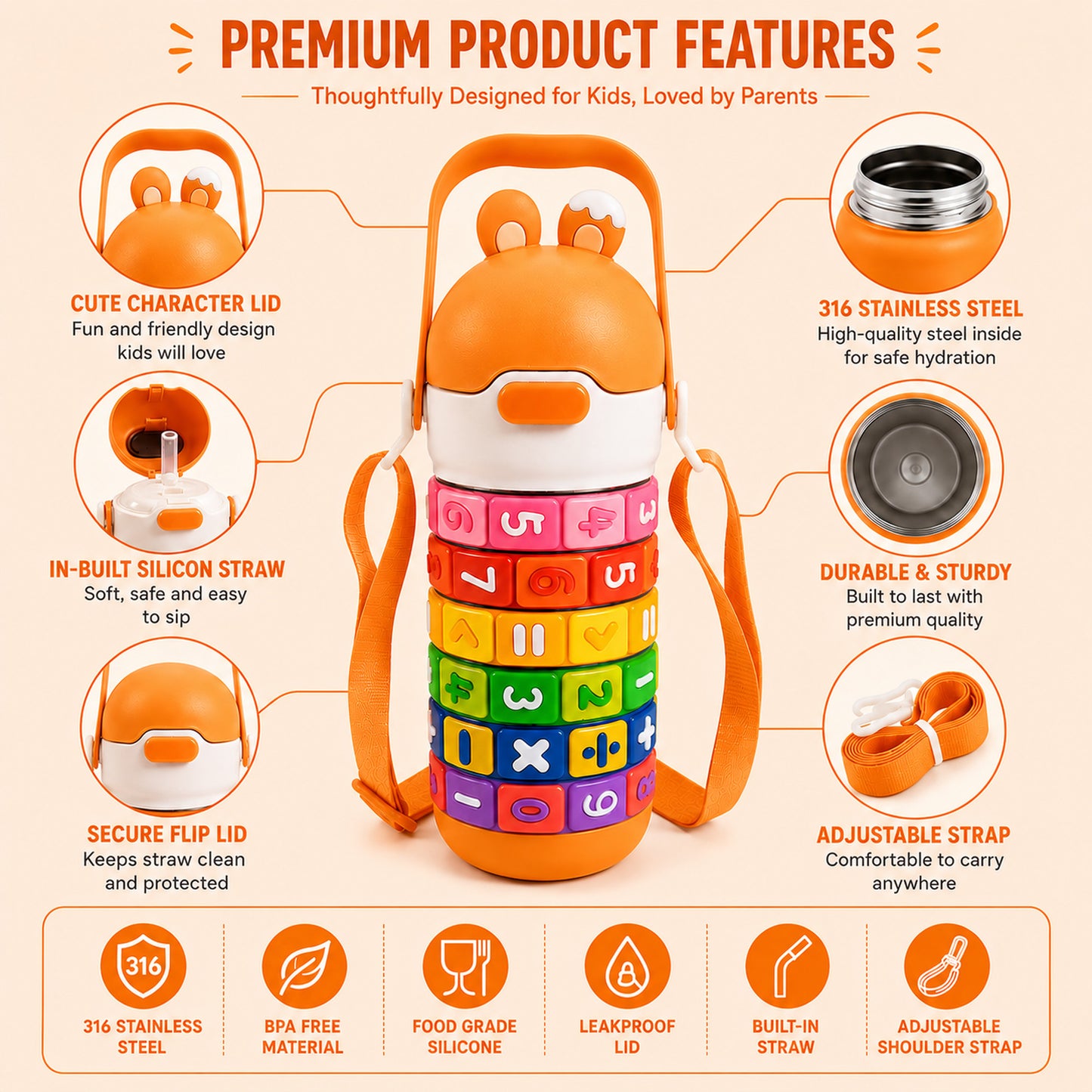 Papita Number Blocks Kids Steel Bottle — 430ml