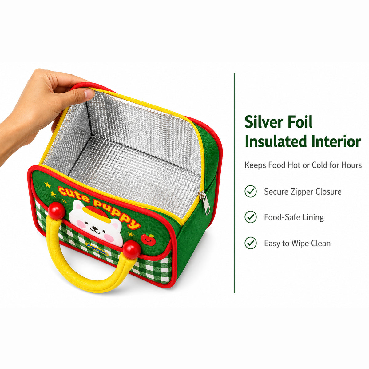 Kids Insulated Lunch Bag — Foil-Lined Tiffin Carrier with Padded Handles & Front Flap Pocket, Fits Steel Lunch Boxes