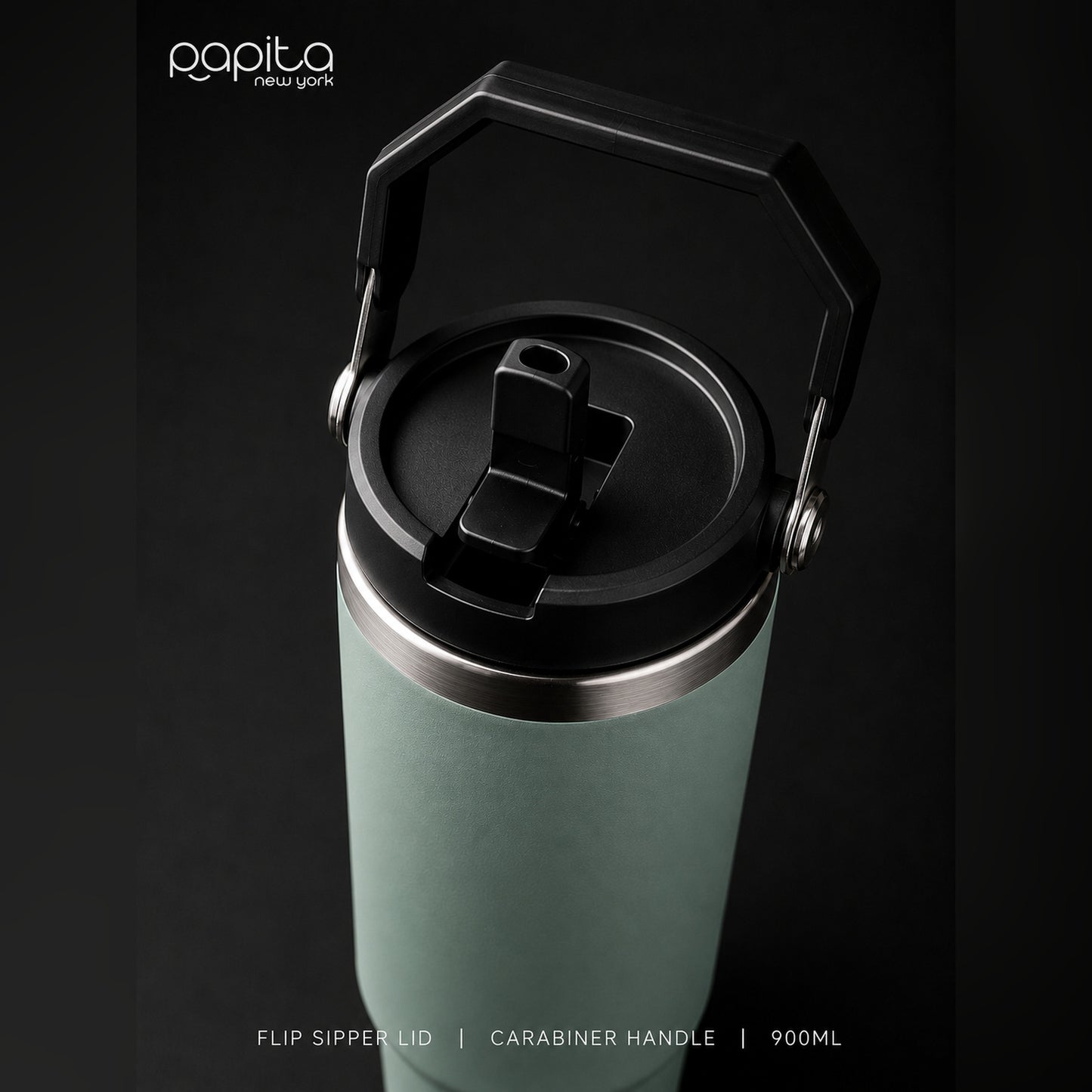 Papita Everyday Tumbler 900ml — 304 Stainless Steel Insulated Travel Mug with Flip Sipper Lid & Carabiner Handle (Sage Green)