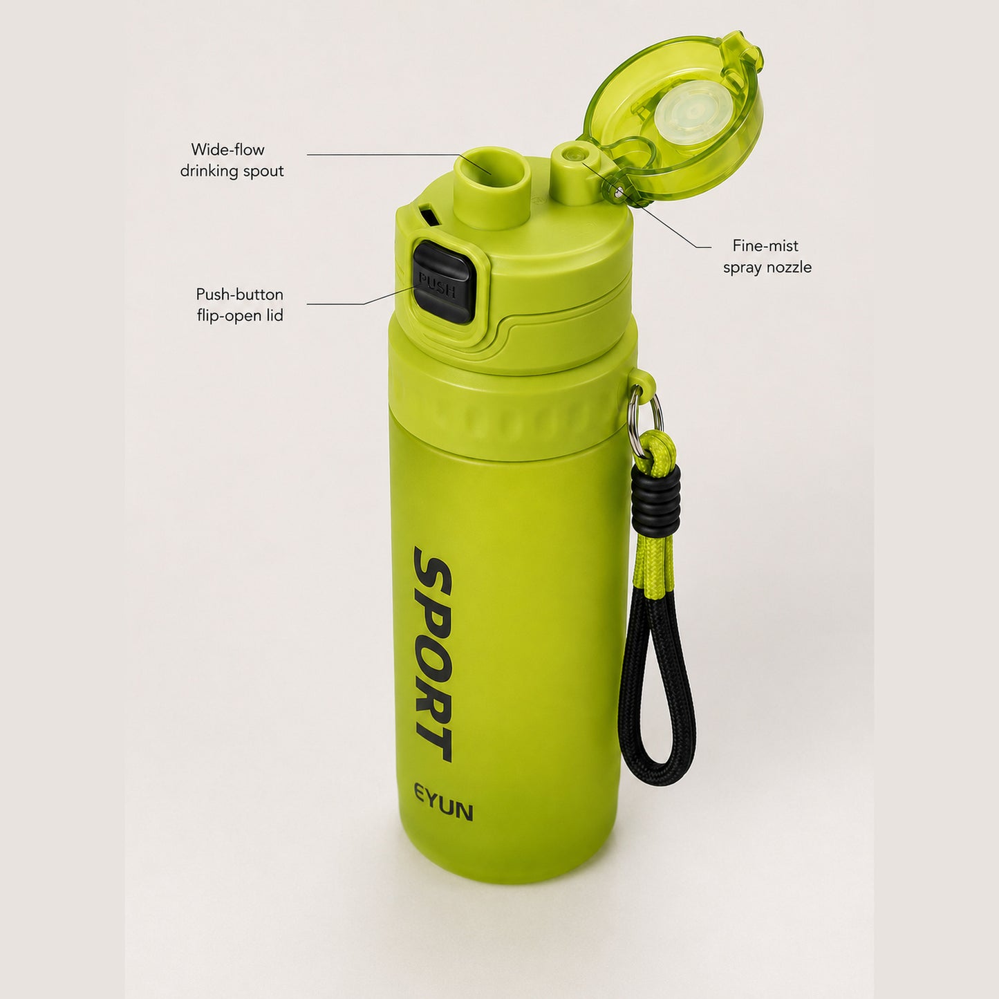 EYUN Sport 2-in-1 Water Bottle 750ml — BPA-Free Tritan Bottle with Push-Button Mist Spray & Wide Drinking Spout, Leakproof with Carry Strap