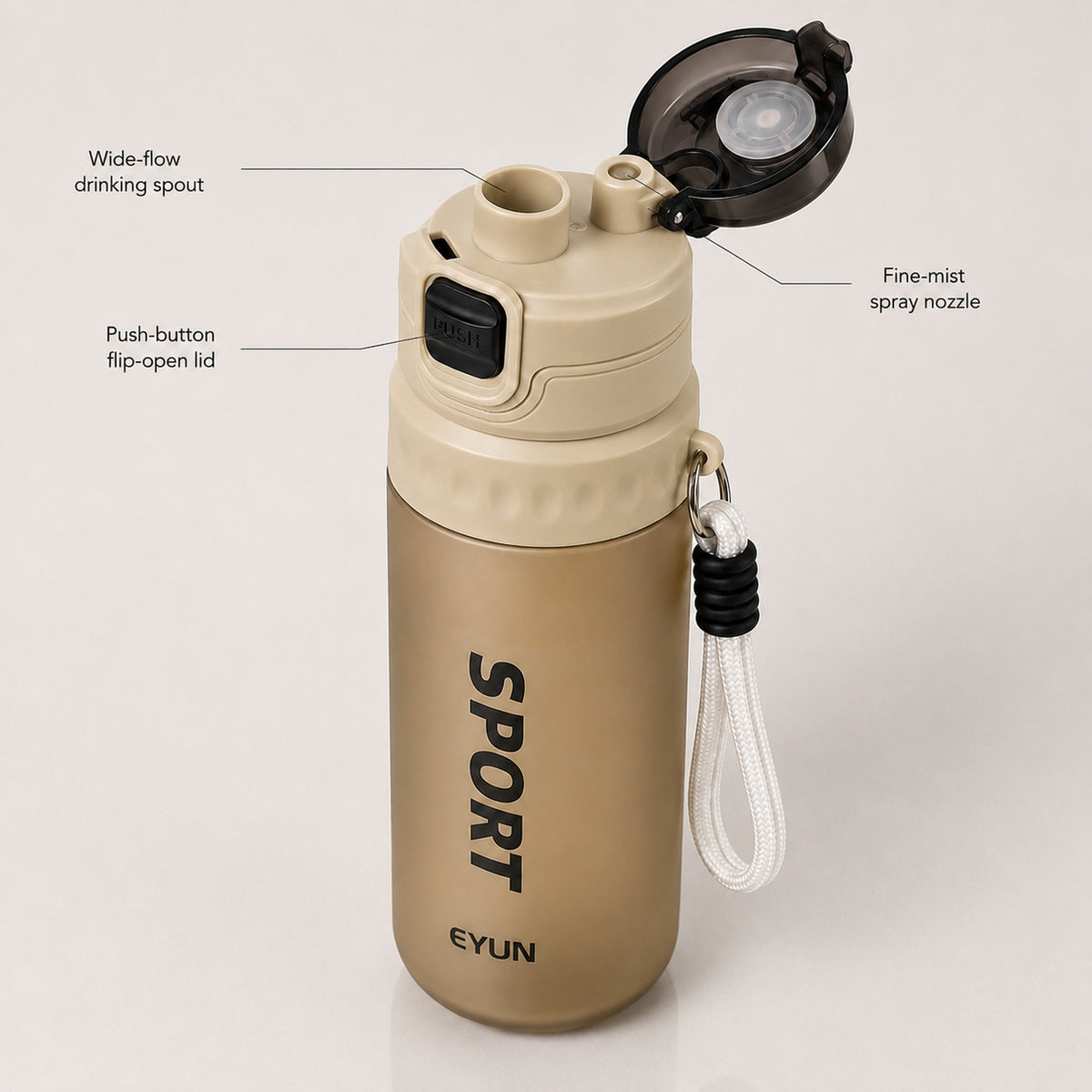 EYUN Sport 2-in-1 Water Bottle 750ml — BPA-Free Tritan Bottle with Push-Button Mist Spray & Wide Drinking Spout, Leakproof with Carry Strap (Khaki)