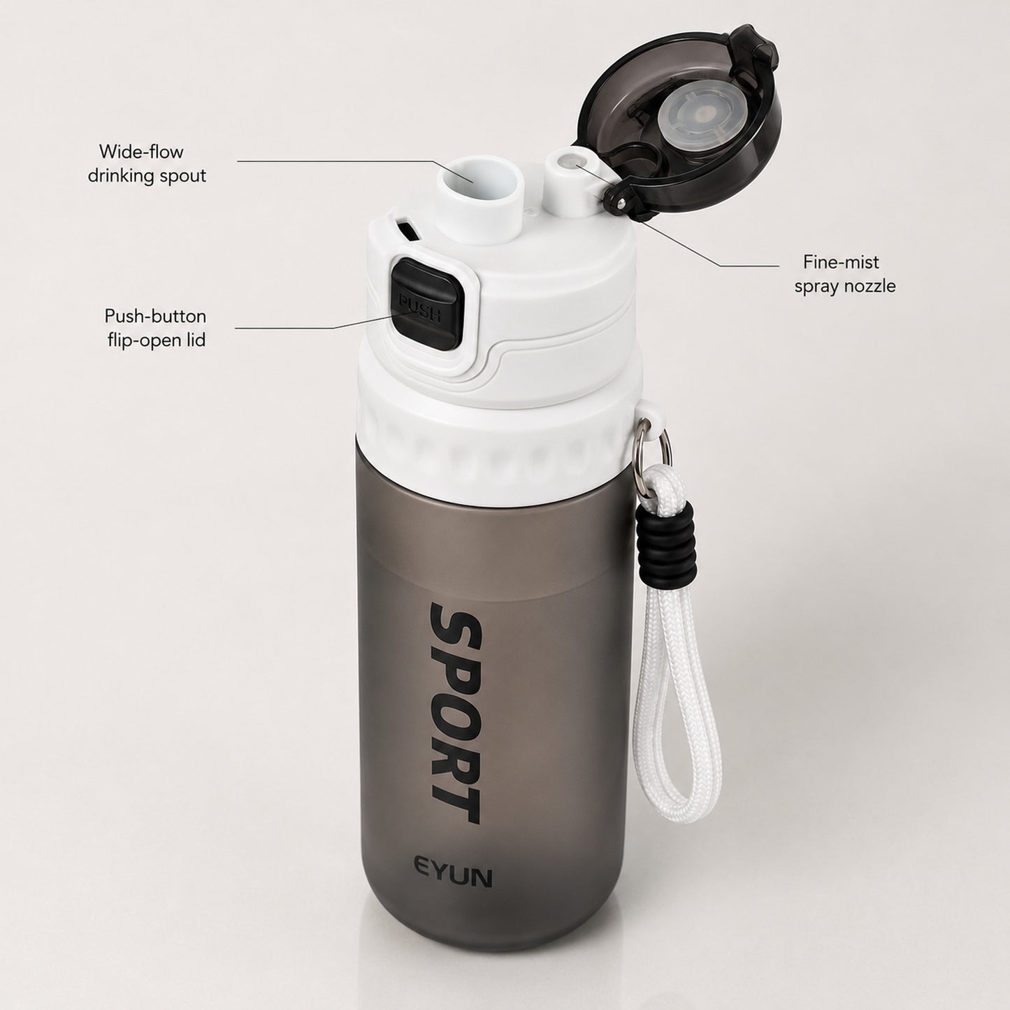 EYUN Sport 2-in-1 Water Bottle 750ml — BPA-Free Tritan Bottle with Push-Button Mist Spray, Fill Lines & Wide Drinking Spout (Smoke Grey)