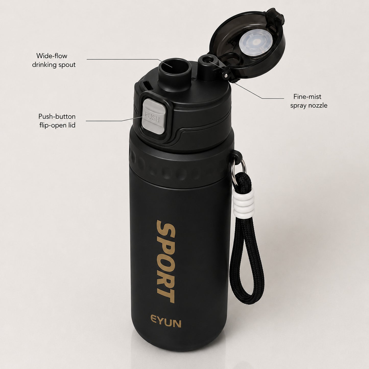 EYUN Sport 2-in-1 Water Bottle 750ml — BPA-Free Tritan Bottle with Push-Button Mist Spray & Wide Drinking Spout, Leakproof with Carry Strap
