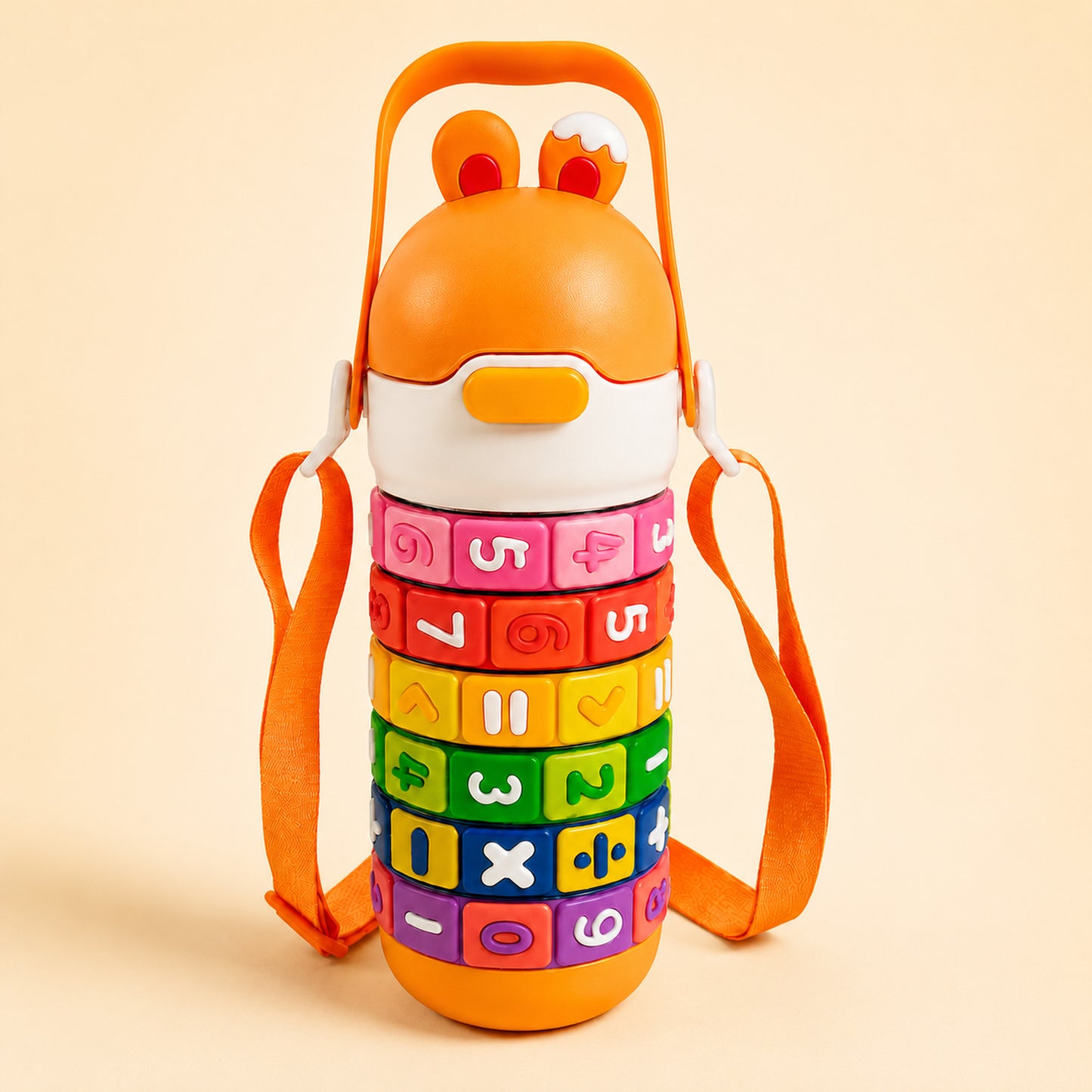 Kids Number Puzzle Water Bottle — Twist-and-Learn Maths Blocks with Flip Straw Lid & Adjustable Shoulder Strap