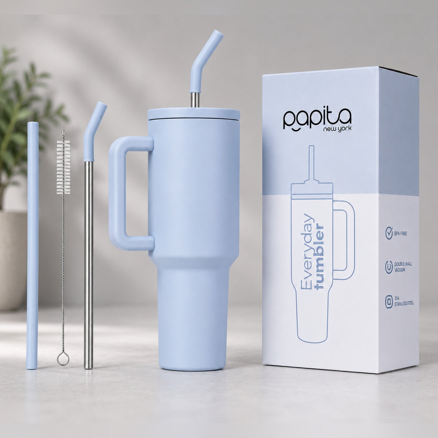 Papita New York Everyday Tumbler — 304 Stainless Steel Insulated Travel Mug with Handle, Lid & 2 Straws, 1.2L