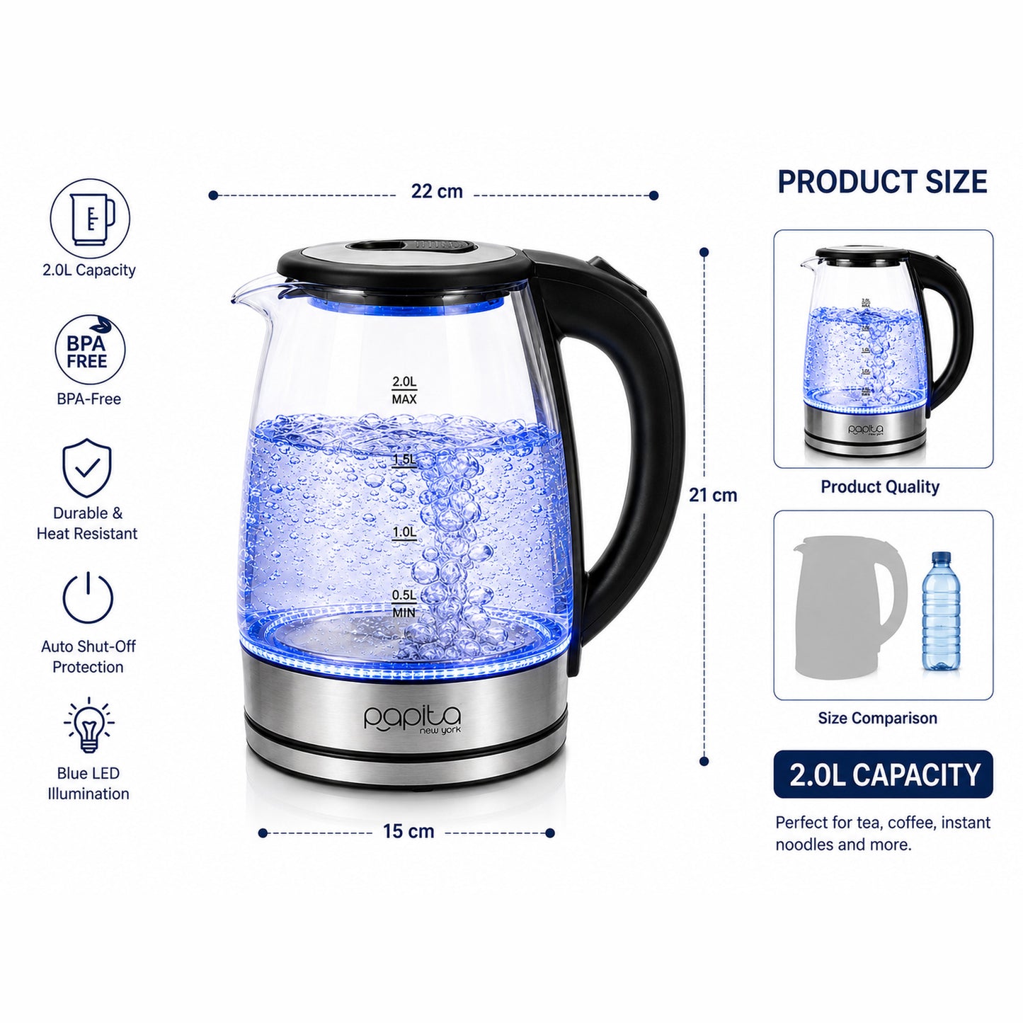 Papita Glass Electric Kettle 2 Litre — 1500W Borosilicate Kettle with Blue LED, Auto Shut-Off & 360° Cordless Base