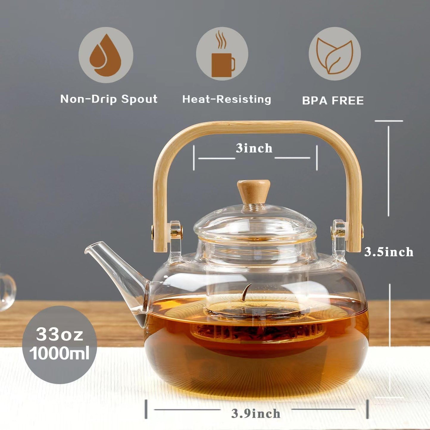 Borosilicate Glass Teapot with Bamboo Handle & Removable Glass Infuser — Stovetop-Safe Tea Kettle for Loose Leaf Tea, 800ml