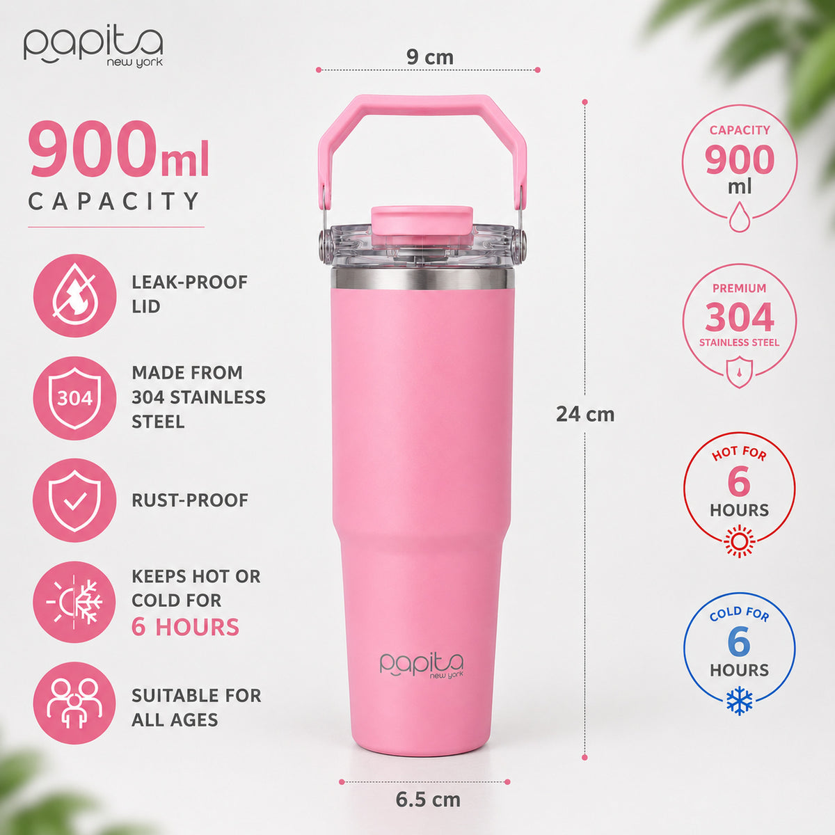 Papita 900ml Insulated Tumbler with Flip Straw Lid & Handle
