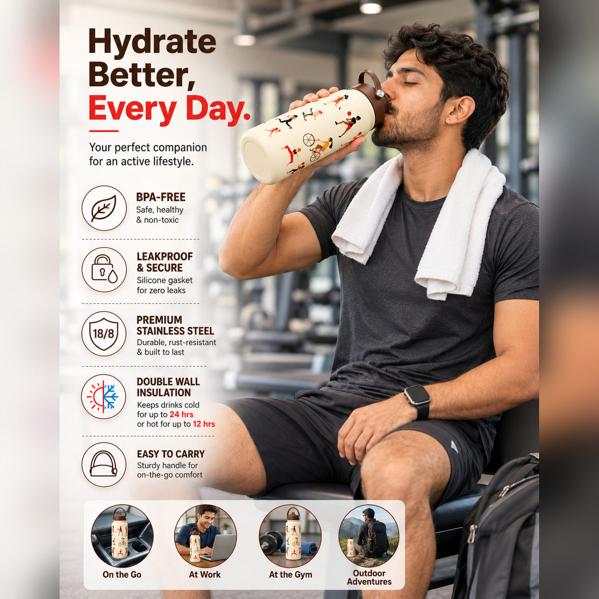 Sporty Insulated Water Bottle 1000ml — 18/8 Stainless Steel Flask with Flip Straw Lid & Carry Handle