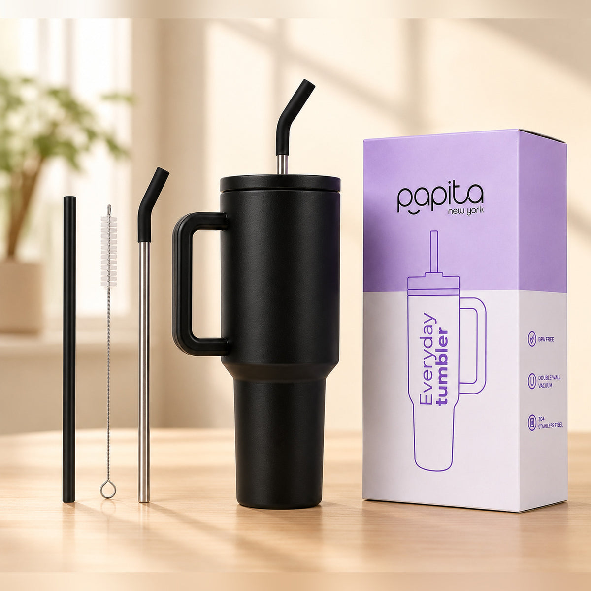 Papita New York Everyday Tumbler — 304 Stainless Steel Insulated Travel Mug with Handle, Lid & 2 Straws, 1.2L