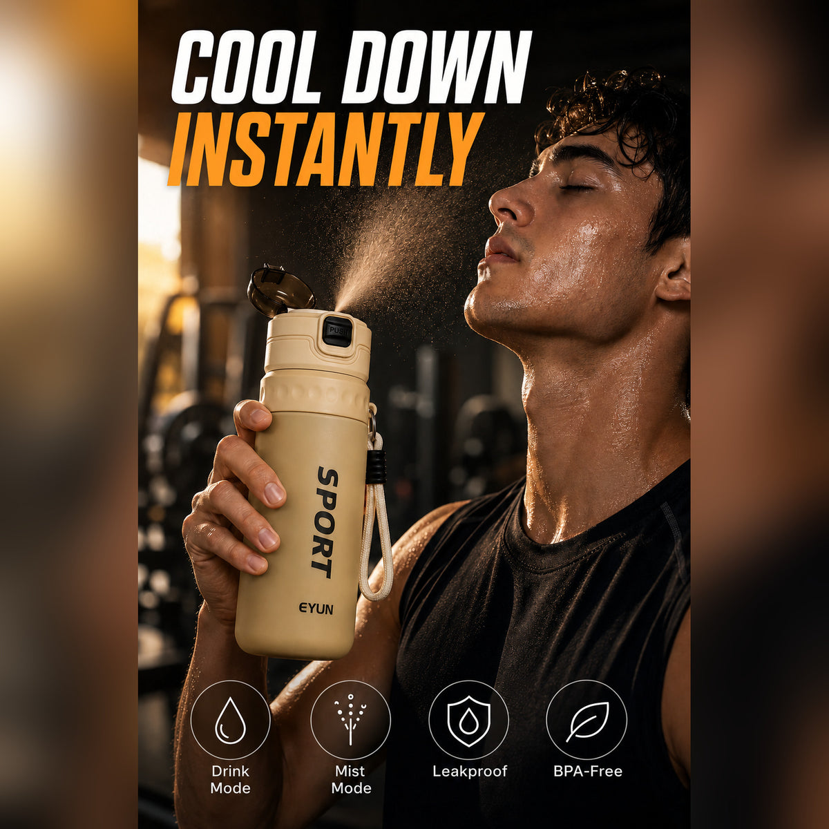 EYUN Sport 2-in-1 Water Bottle 750ml — BPA-Free Tritan Bottle with Push-Button Mist Spray & Wide Drinking Spout, Leakproof with Carry Strap (Khaki)