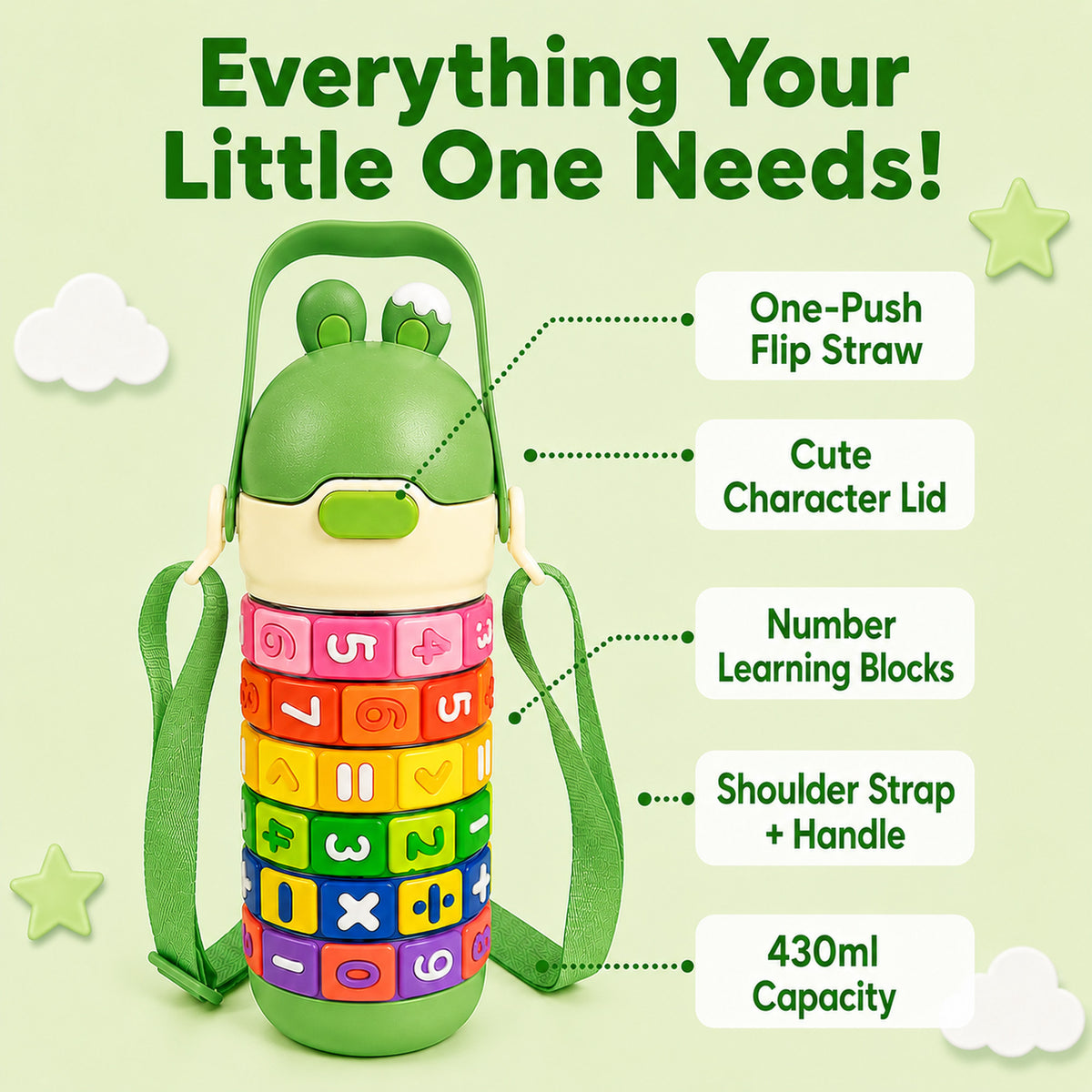 Papita Number Blocks Kids Steel Bottle — 430ml, Green