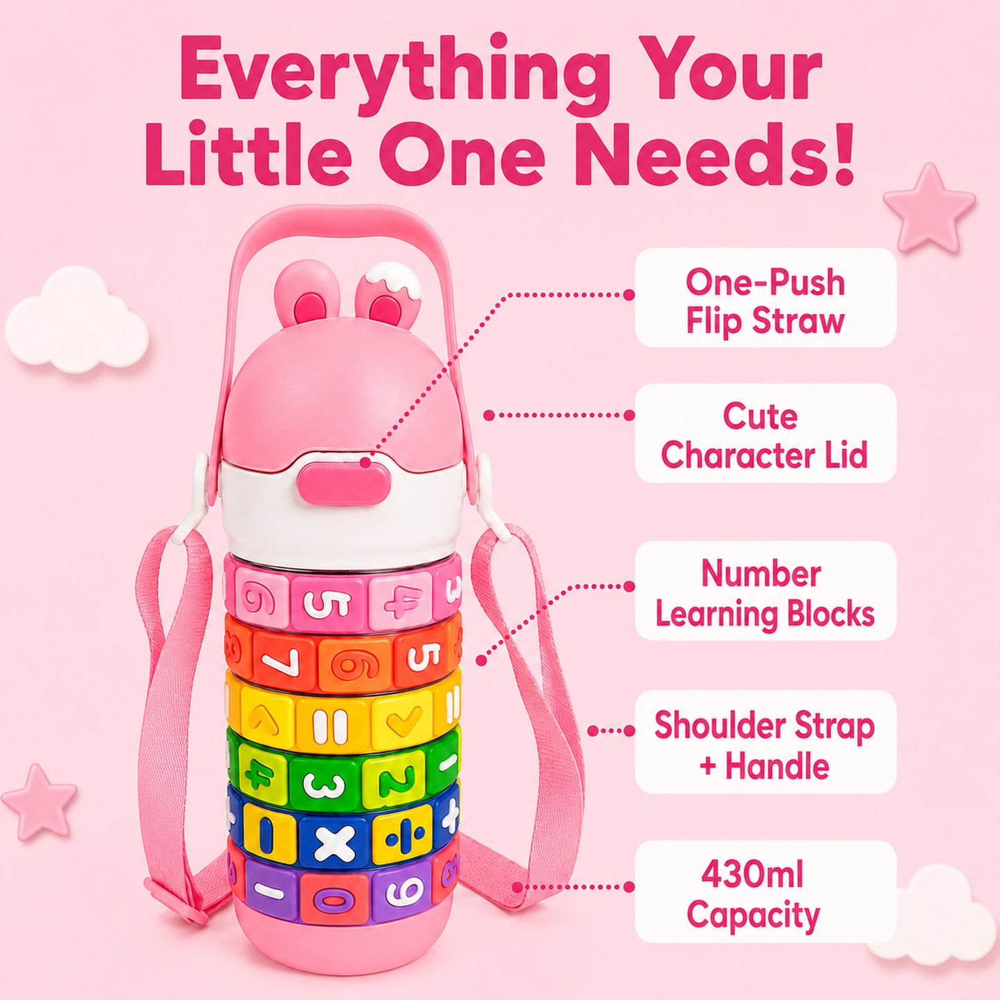 Papita Number Blocks Kids Steel Bottle — 430ml, Pink
