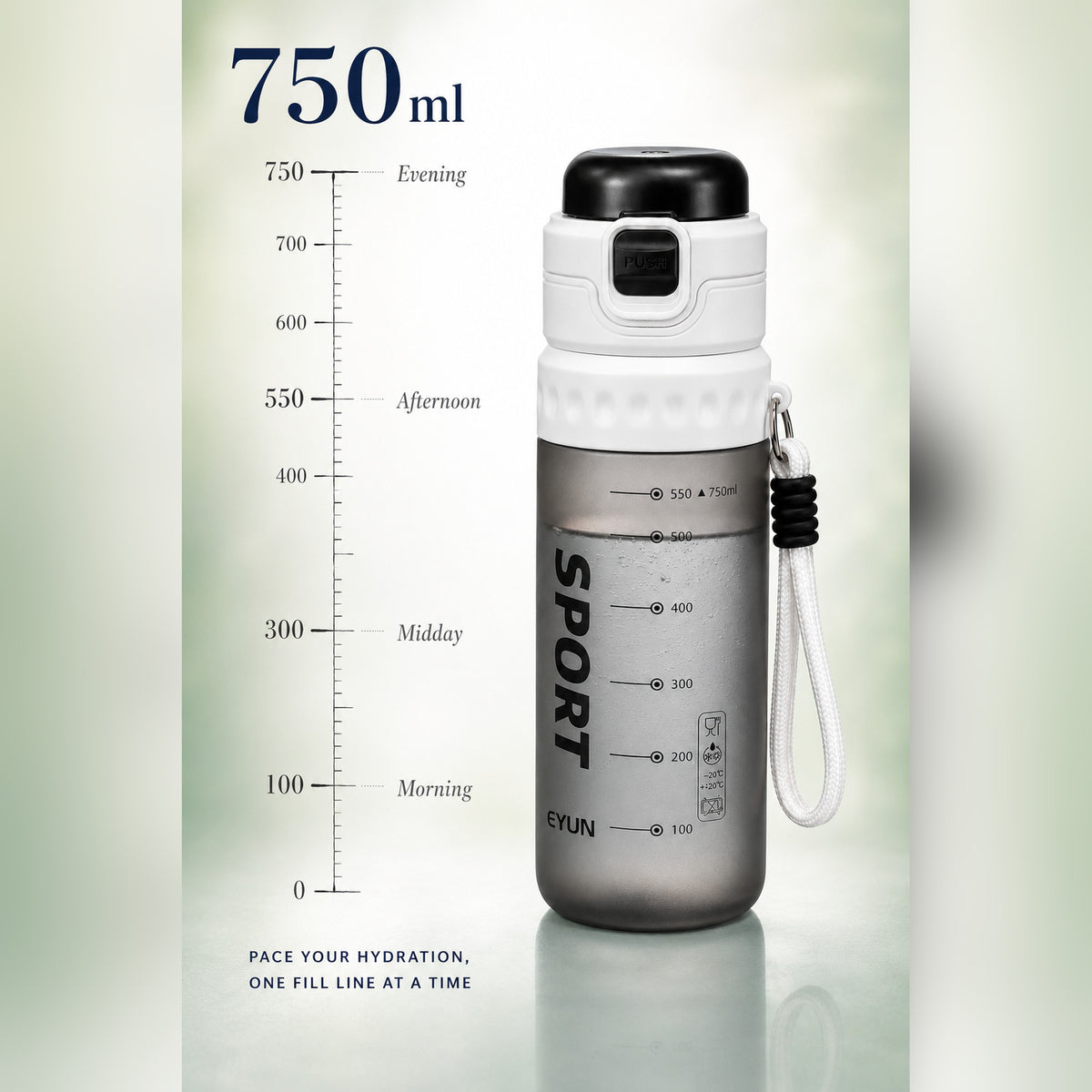 EYUN Sport 2-in-1 Water Bottle 750ml — BPA-Free Tritan Bottle with Push-Button Mist Spray, Fill Lines & Wide Drinking Spout (Smoke Grey)