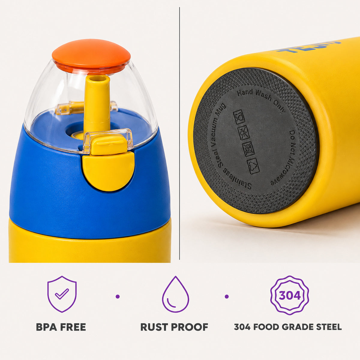 Care Free Kids Insulated Water Bottle — 304 Stainless Steel Sipper with Straw & Carry Handle, 750ml (Sunshine Yellow)