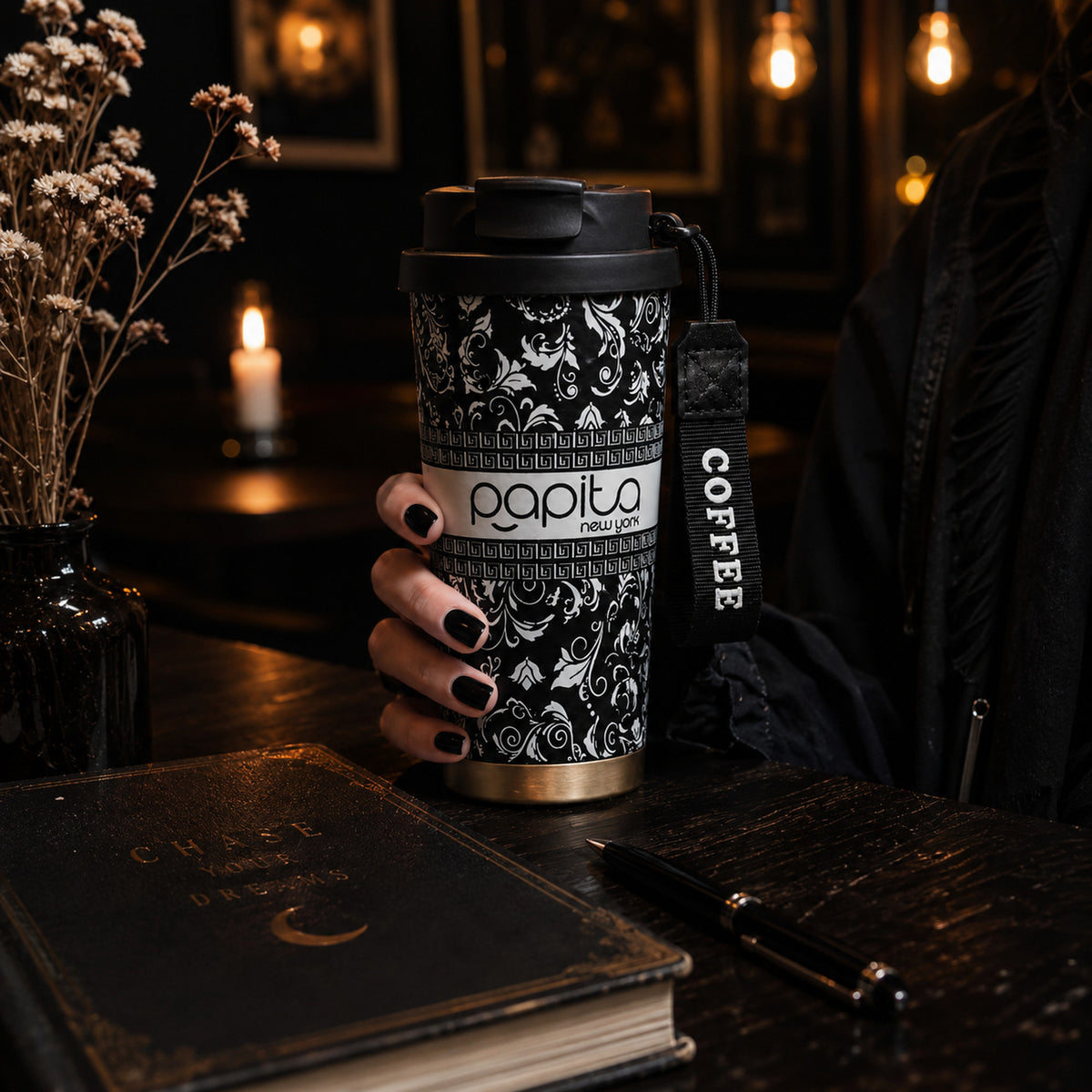 Papita Noir Damask Steel Travel Mug