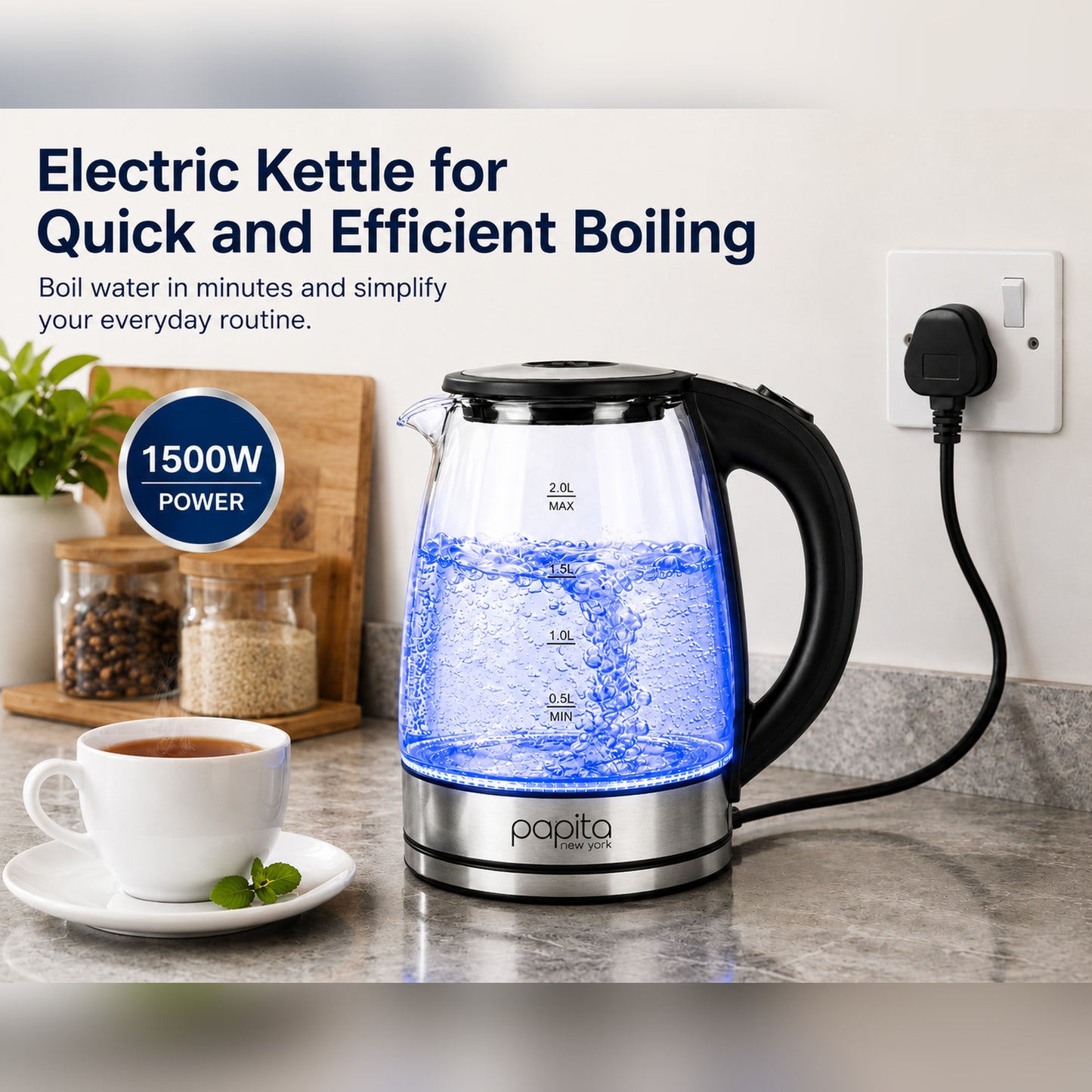 Papita Glass Electric Kettle 2 Litre — 1500W Borosilicate Kettle with Blue LED, Auto Shut-Off & 360° Cordless Base