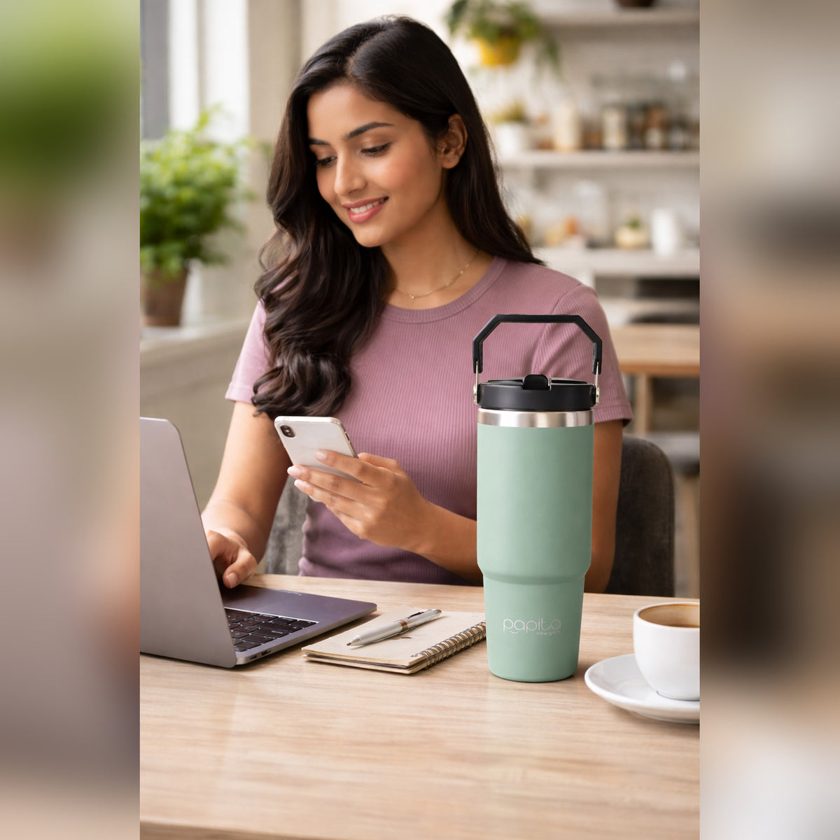 Papita Everyday Tumbler 900ml — 304 Stainless Steel Insulated Travel Mug with Flip Sipper Lid & Carabiner Handle (Sage Green)