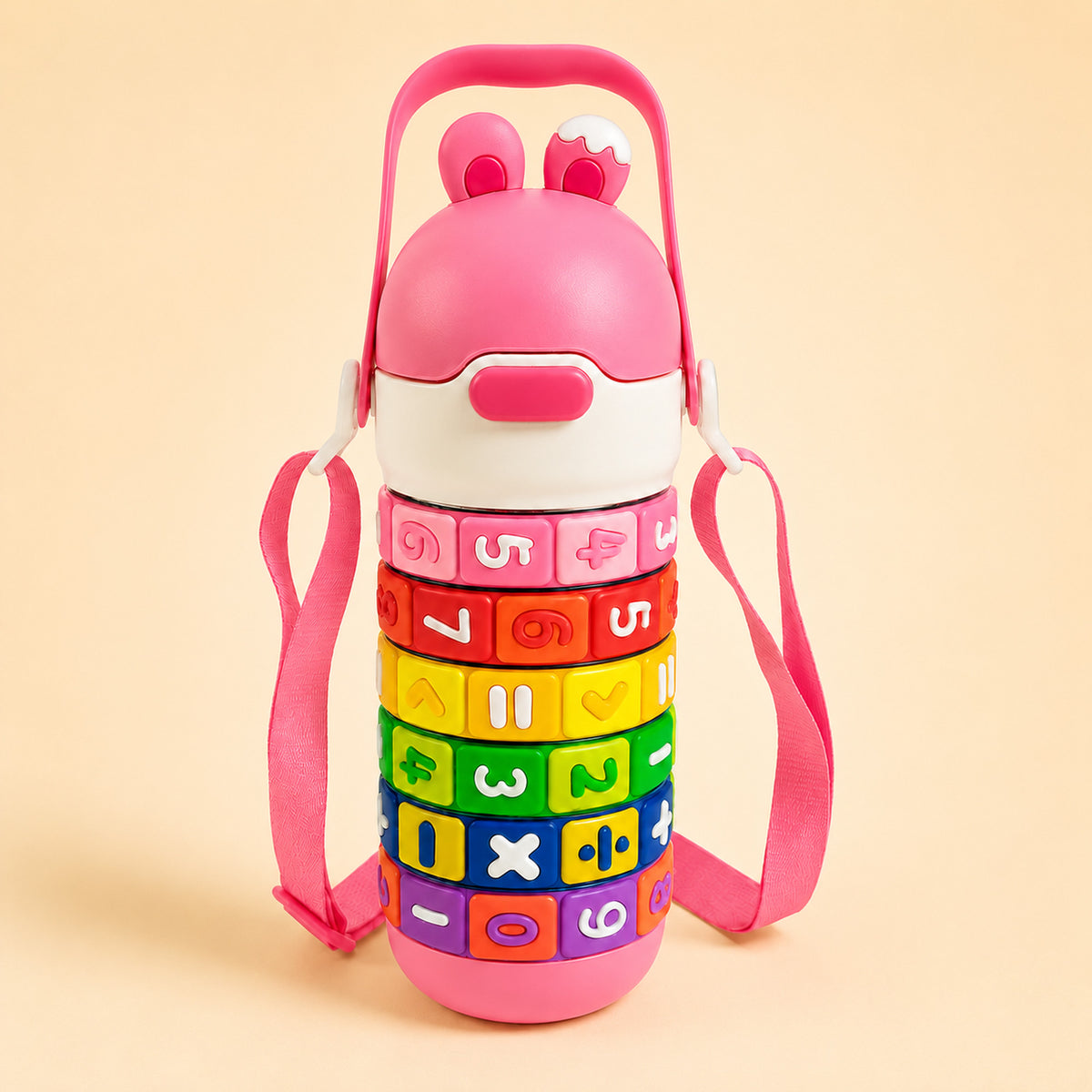 Kids Number Puzzle Water Bottle — Twist-and-Learn Maths Blocks with Flip Straw Lid & Adjustable Shoulder Strap