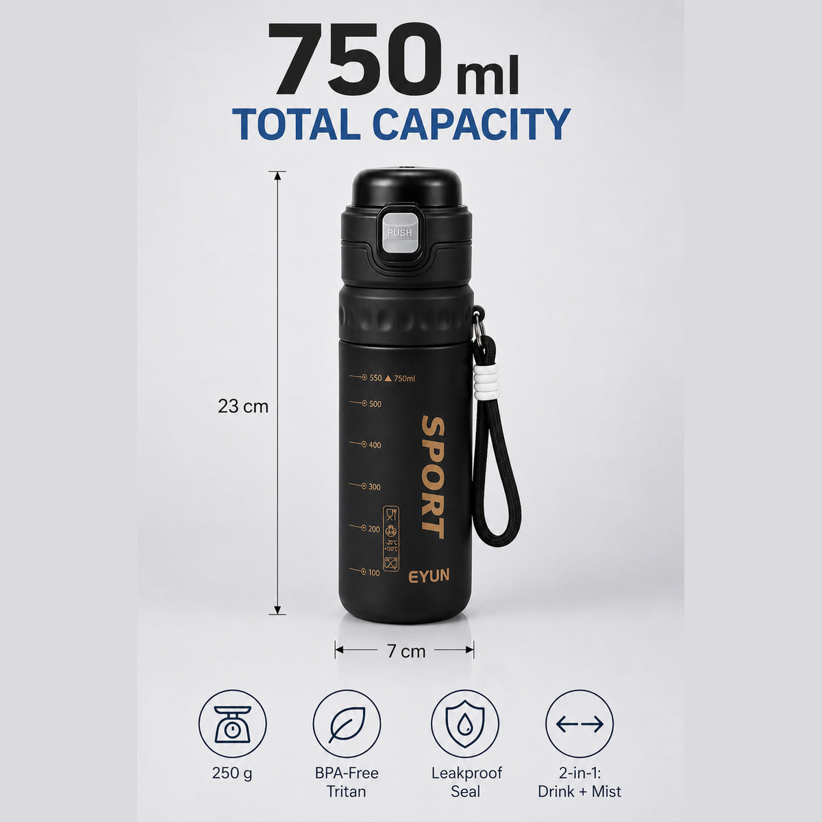 EYUN Sport 2-in-1 Water Bottle 750ml — BPA-Free Tritan Bottle with Push-Button Mist Spray & Wide Drinking Spout, Leakproof with Carry Strap