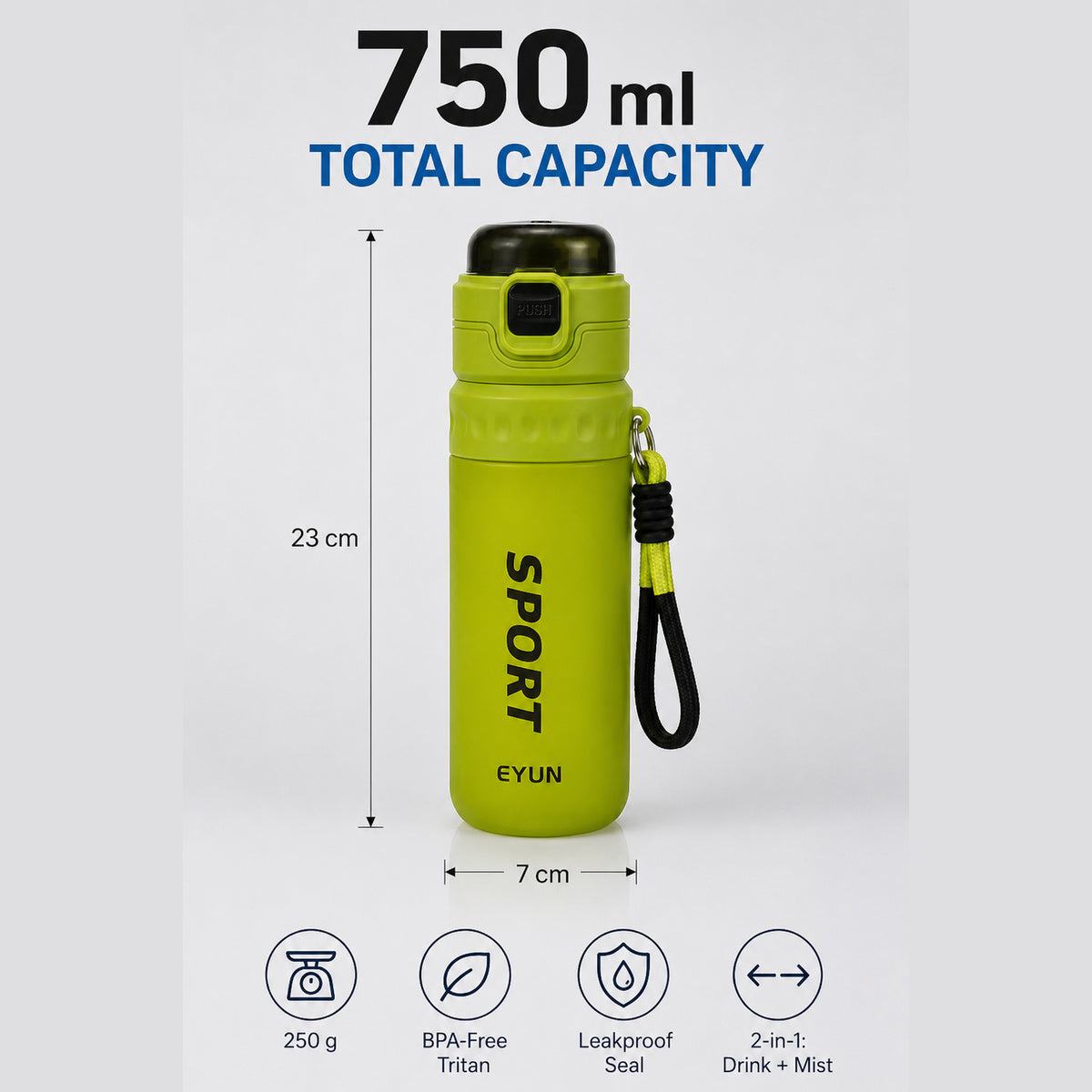 EYUN Sport 2-in-1 Water Bottle 750ml — BPA-Free Tritan Bottle with Push-Button Mist Spray & Wide Drinking Spout, Leakproof with Carry Strap